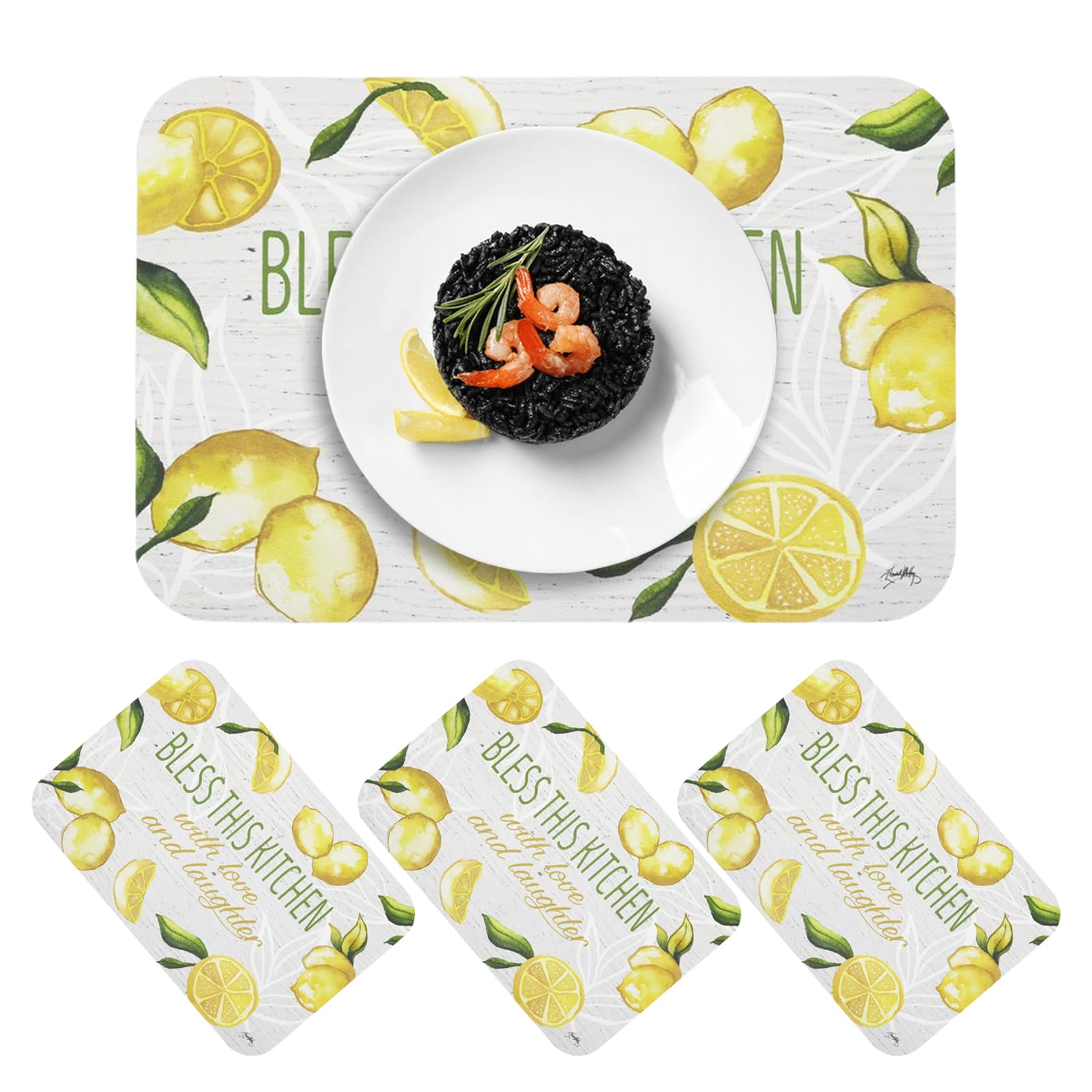 Rubber Absorbent Place Mats Set of 4 - Heat Resistant Non-Slip Tablemats Easy to Clean Placemats 45 x 30 cm Lemon Print16816