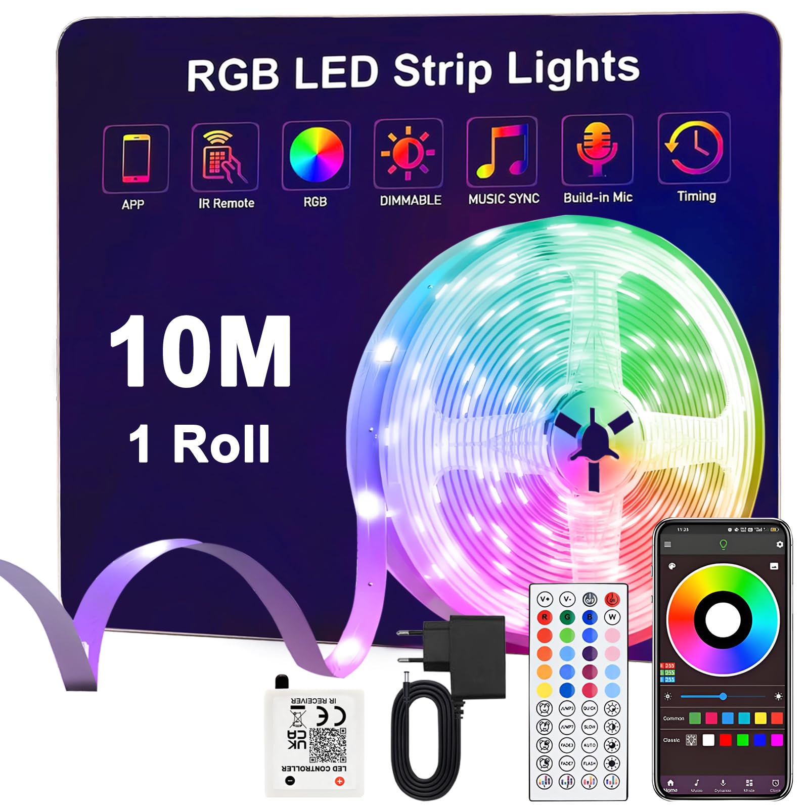 Anmossi LED Streifen 10m RGBW Selbstklebend Led Streifen mit Fernbedienung und APP Steuerung Bluetooth Musik Sync Timer Zuschneidbare Dimmbar Farbwechsel Led Strip für Zimmer Spielzimmer Partei Deko