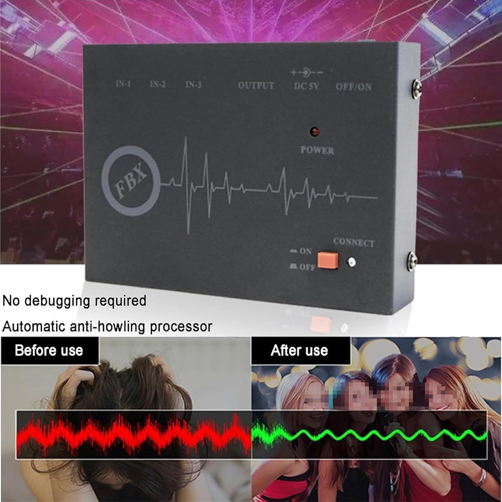 Supresor de retroalimentación profesional con antiaullidos automático, cambio de frecuencia de 3 pulgadas y 1 salida para sala de conferencias, estudio de grabación y KTV