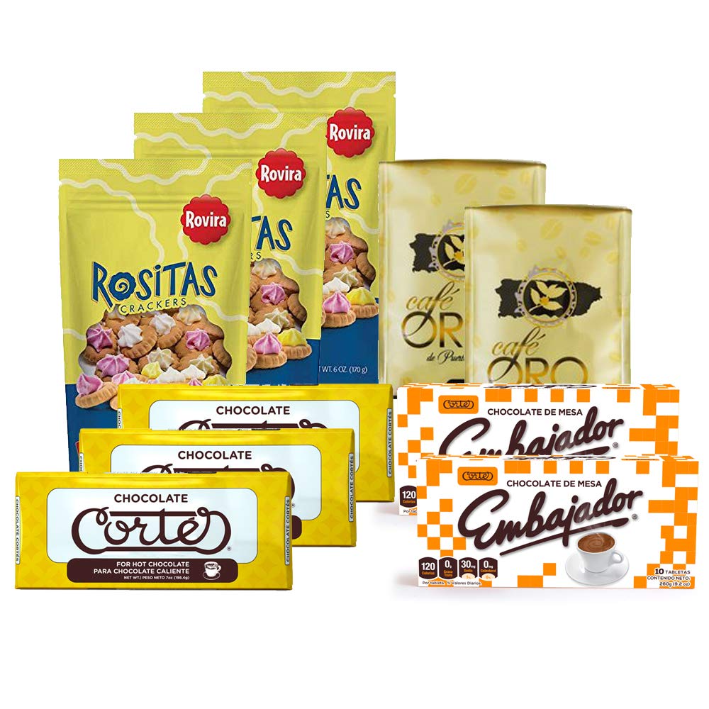 Puerto Rico Family Box: 2 Dehydrated Sofrito, 2 Ground Cafe Oro de Puerto Rico 8oz bag, 3 Chocolate Cortes Sweet Choco 7oz Bar & 1 Seahorse Sticker w PR Flag. Bonus: 2 Cocolate Embajador Box