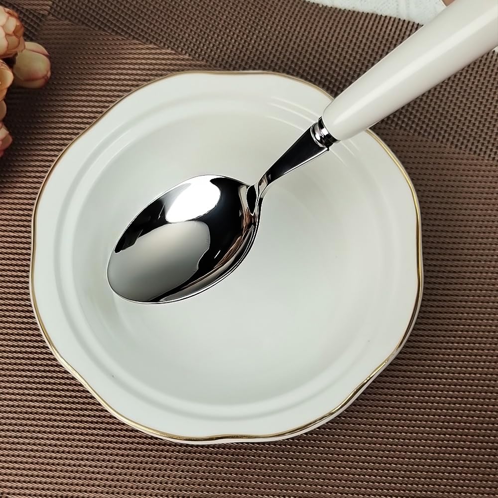 Cucchiaio da tavola fine da 20 cm con bordo rotondo di qualità, in acciaio inox 18-10, manico in ceramica bianca, cucchiai da minestra, posate per lucidatura a specchio, cucchiaio principale
