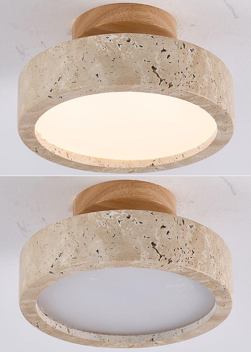 TRIVIDHA Minimalistische Deckenleuchte aus Stein, Wabi-sabi, Beige, nahe der Decke, 7,9 Zoll, Deckenleuchte mit Holzsockel, E27, Beleuchtung, Deckenleuchten aus Marmor, für Flur, Schlafzimmer, Küche
