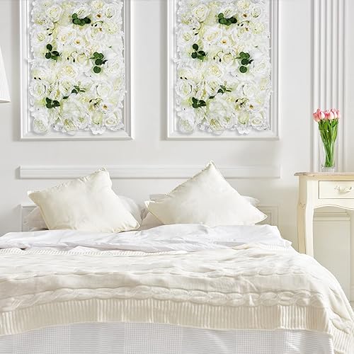 Miniatura 4 de NUPTIO Panel de pared de flores para telón de fondo, 6 piezas de 24 x 16 pulgadas, rosas artificiales blancas para decoración de pared, decoración