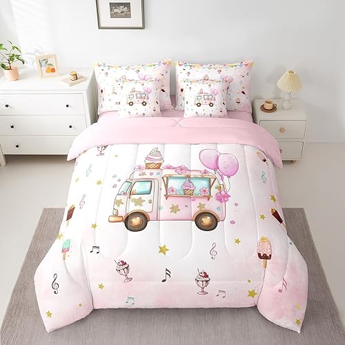 Castle Fairy Ice Cream Truck 7 Pieces Bedding Set Queen Bed in a Bag,Cute Girly 