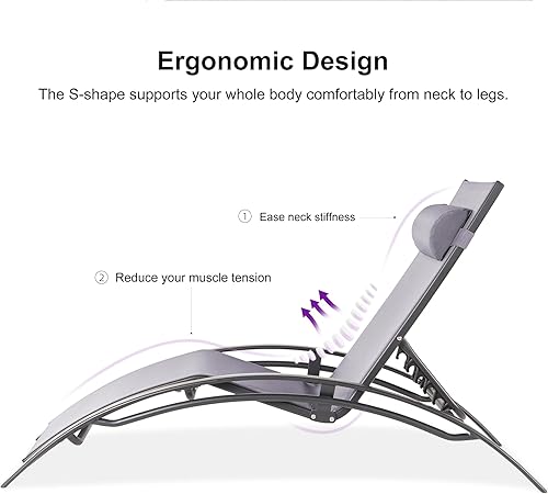 Miniatura 65 de PURPLE LEAF Juego de tumbona para patio, sillón al aire libre, playa, piscina, tumbona para tomar el sol, tumbona reclinable, sillas de bronceado
