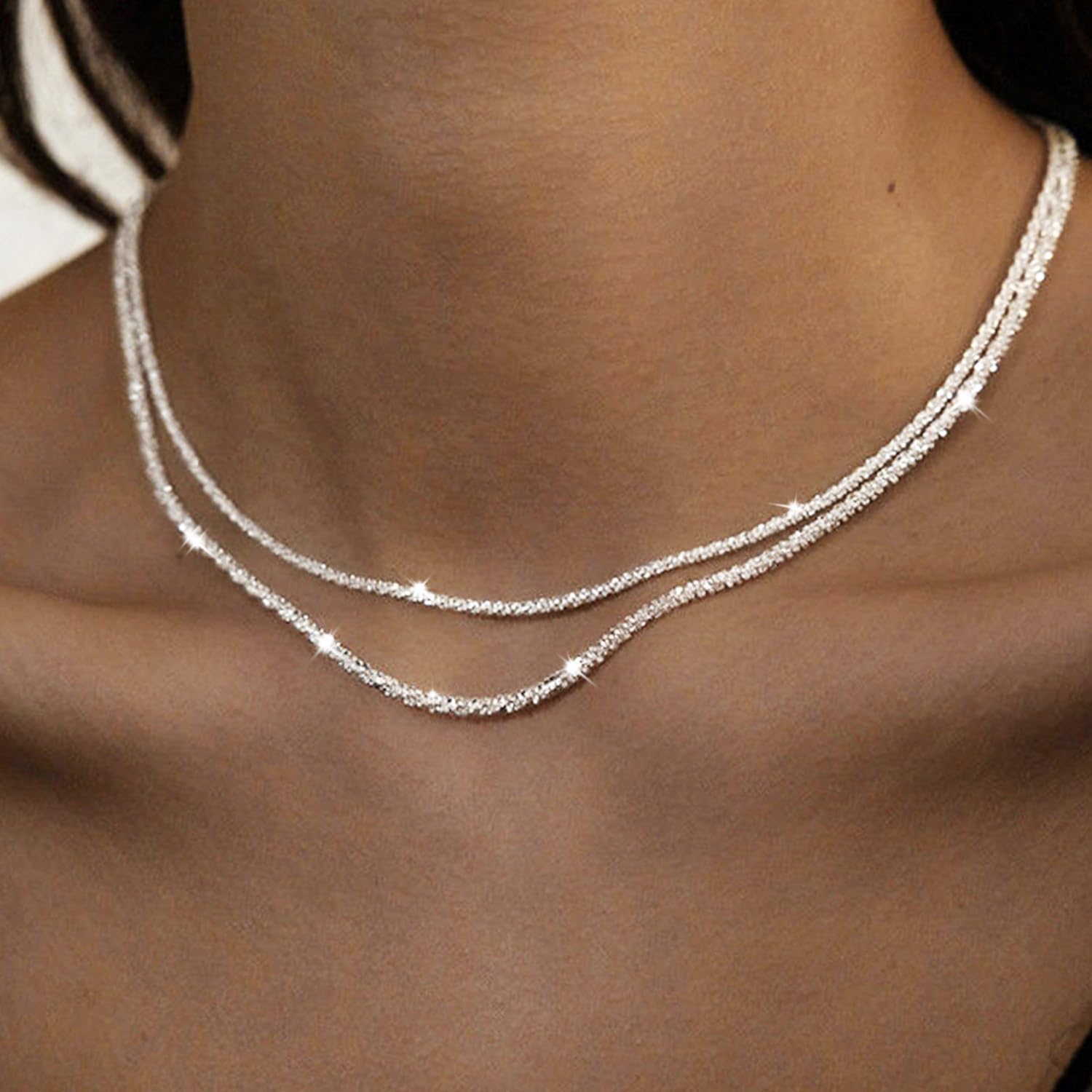 MBW Layered Necklaces for Women, Dainty Silver Plated Snake Twist Rope Chain Necklace for Women Simple Herringbone Thin Snake Chain Satellite Choker Necklace Silver Jewelry Set Gifts for Women Girls - Image 9