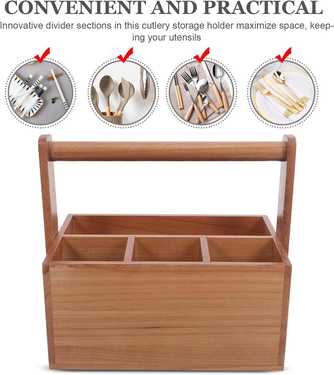 LABRIMP Silverware Caddy with Handle: Countertop Plate Cup Fork Caddy - Wooden Utensil Holder with Compartments for Kitchen Camping Restaurant Buffet