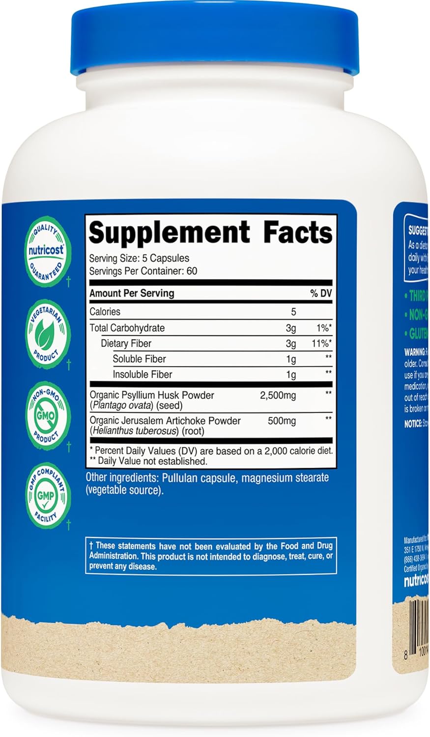 Nutricost Fiber Capsules with Prebiotic Fiber Supplement 300 Capsules - Made with Organic Psyllium Husk & Organic Jerusalem Artichoke, 60 Servings, Gluten Free, 3 G Per Serving - Image 5