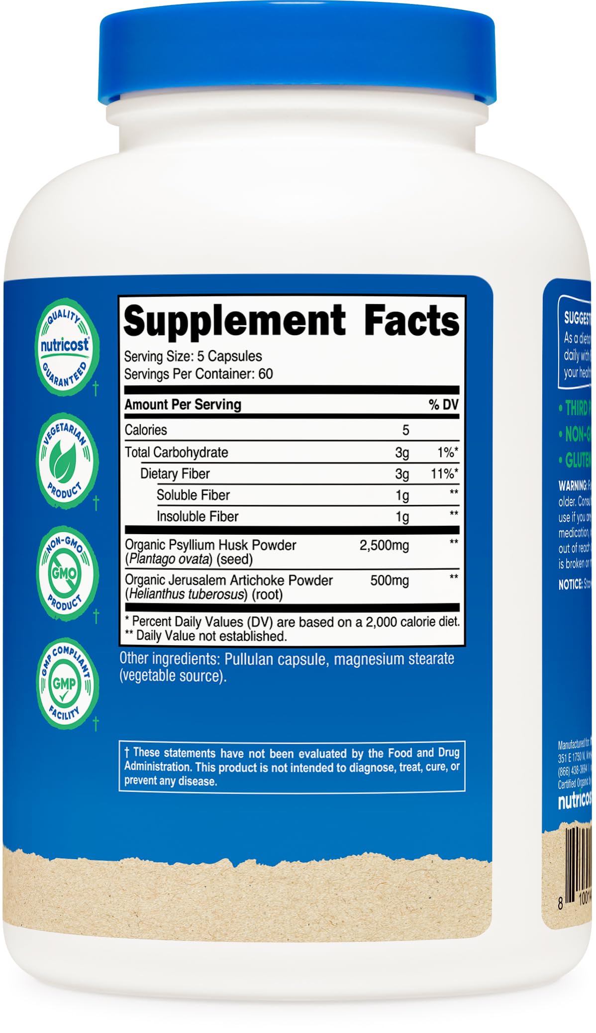 Nutricost Fiber Capsules with Prebiotic Fiber Supplement 300 Capsules - Made with Organic Psyllium Husk & Organic Jerusalem Artichoke, 60 Servings, Gluten Free, 3 G Per Serving