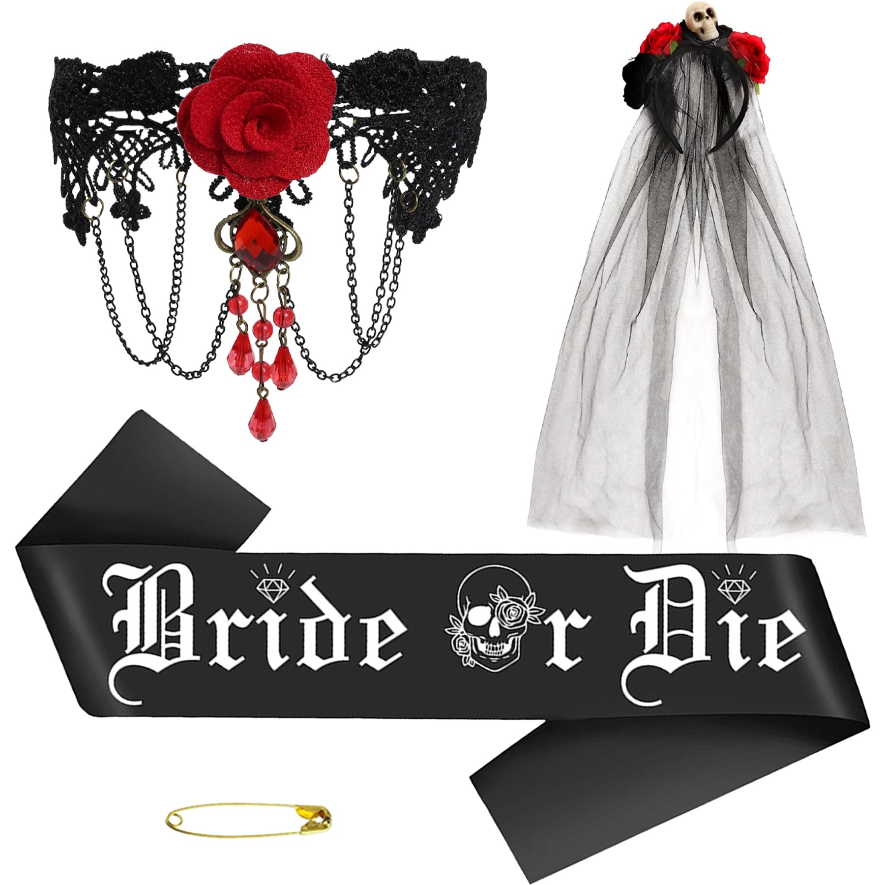 Wasise Gothic Bride Sash - 3PCS Gothic Bridal Accessories, Halloween Brides Accessories, Stag Party Accessorie, Black Lace Veil, Lace Necklace, Hen Party Decorations, Goth Bride to Be Sash Set