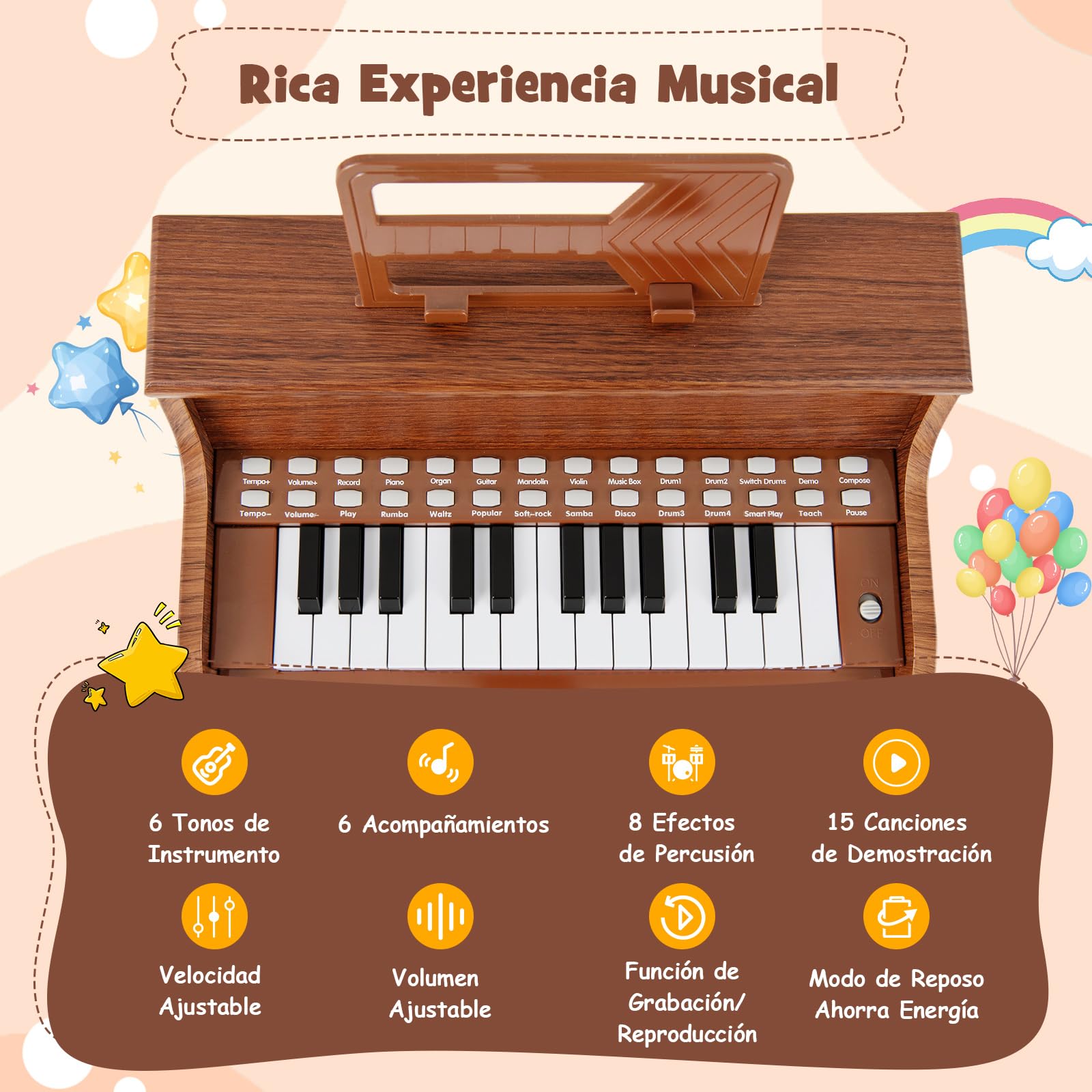 COSTWAY Piano Infantil de 25 Teclas con Taburete y Atril, Órgano Electrónico Niños con Velocidad y Volumen Ajustables, Modo de Enseñanza, Marco Madera, Instrumento Musical para Niños 3+ Años (Marrón)