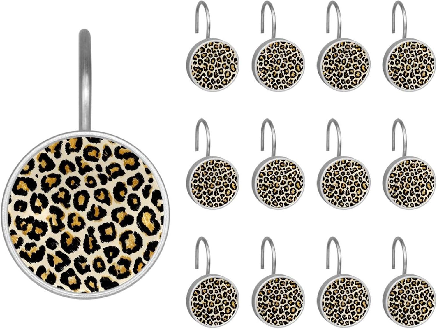 Modern Classic Leopard Print (1) Crystal Glass Shower Curtain Hooks Rings Decorative Bathroom Decor - Set of 12