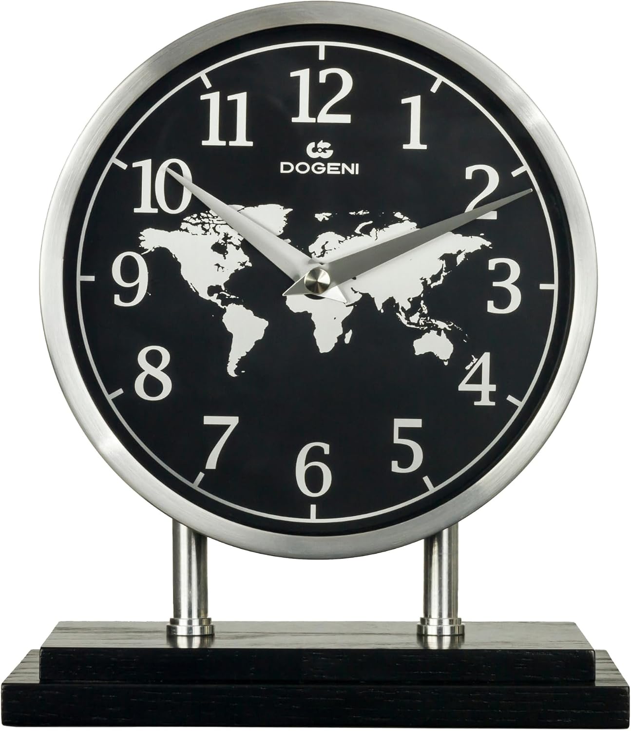 Metal Mantel Clock Aluminum Case Wooden Base Silent Modern Designed Map Pattern Arabic Numerals Easy to Read for Office, Bedside, Desk
