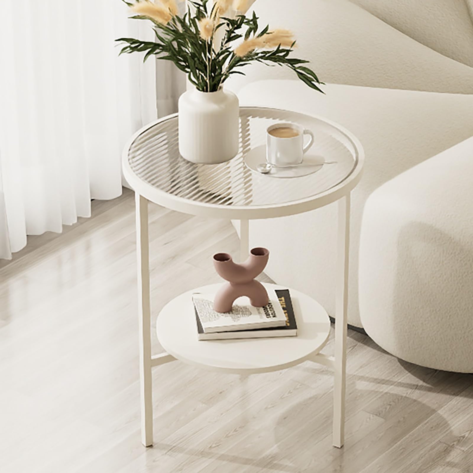 Mesa Auxiliar Redonda De Vidrio De 2 Niveles,Mesas Auxiliares para Salon De Metal,Mesita De Noche Moderno,para Pequeña,Dormitorio,Sofá(White,W15.7/40cm)