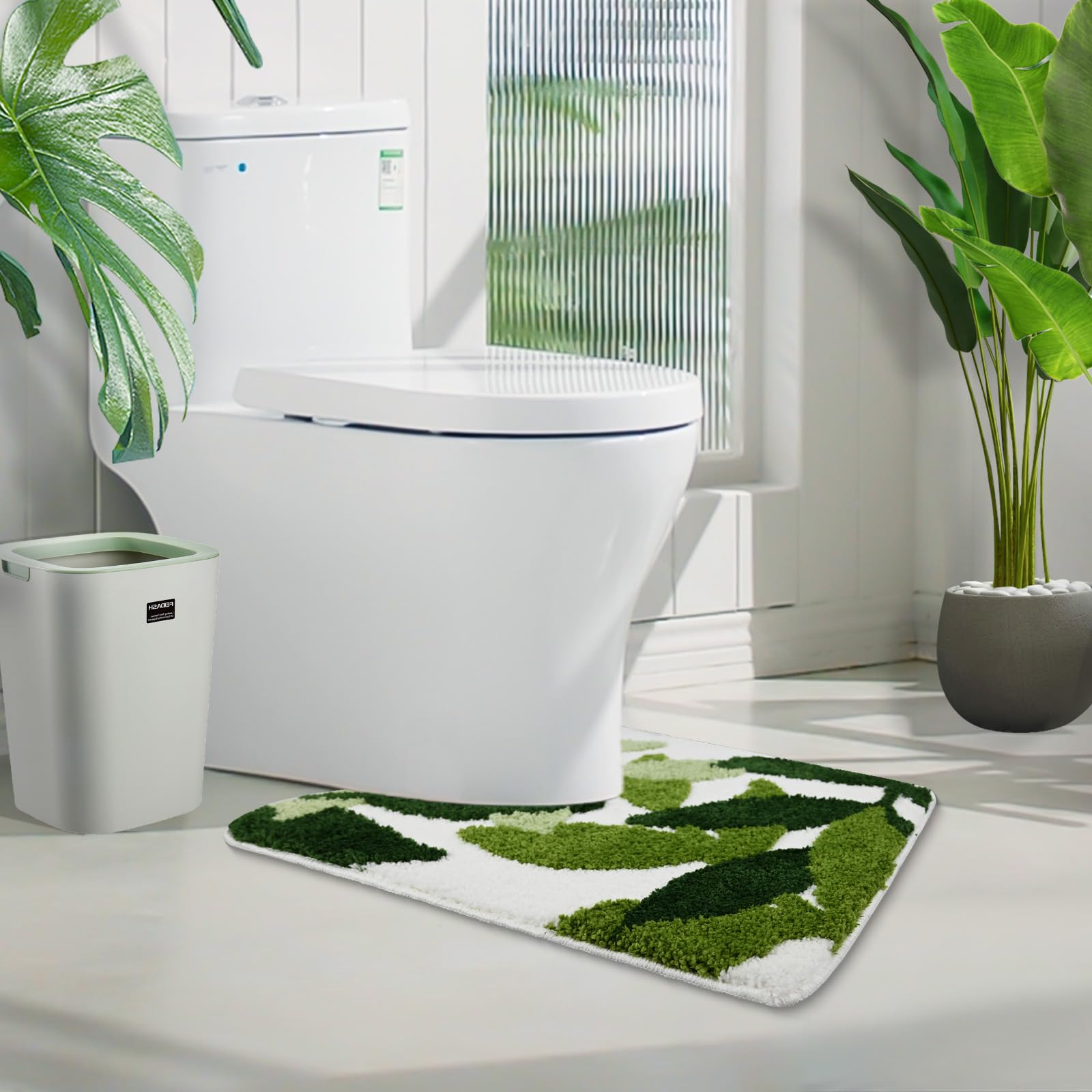 Baahrnom Tufted Toilet Rug 24" x 20" Green Toilet Rugs U Shaped Machine Washable Cute Leaves Toilet Bath Mat Soft Non Slip