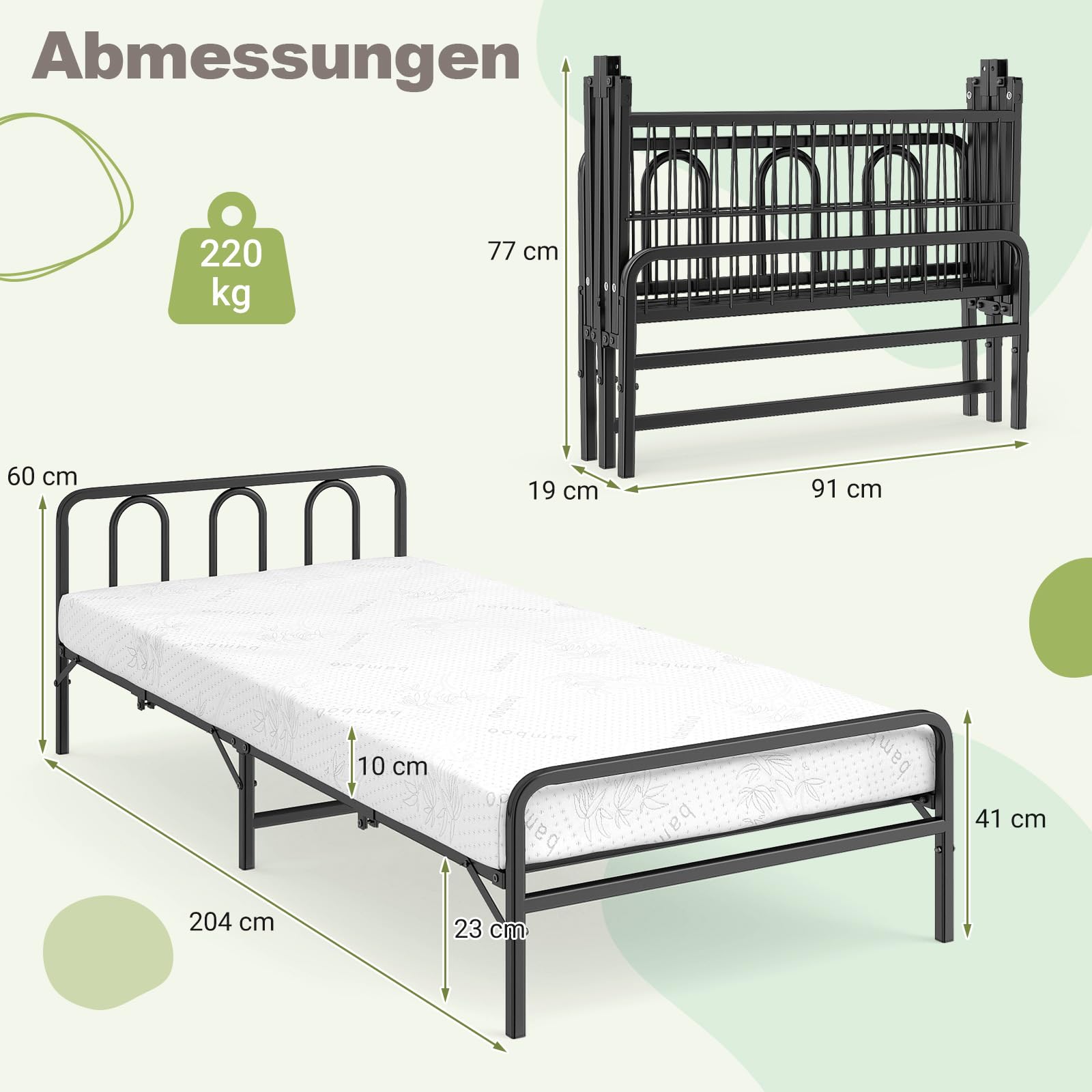 COSTWAY Klappbett 90x200 Erwachsene, Bett klappbar mit 10 cm Matratze, bis 220 kg, Gästebett Metallrahmen, Bettgestell mit Memory-Schaum & Kopfteil, Einzelbett für Gästezimmer, Weiß