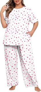 Lastshe Womens Plus Size Pajama Set 2 Piece Short Sleeve Pants Sleepwear Pjs Lounge Set Knit Soft with Pockets