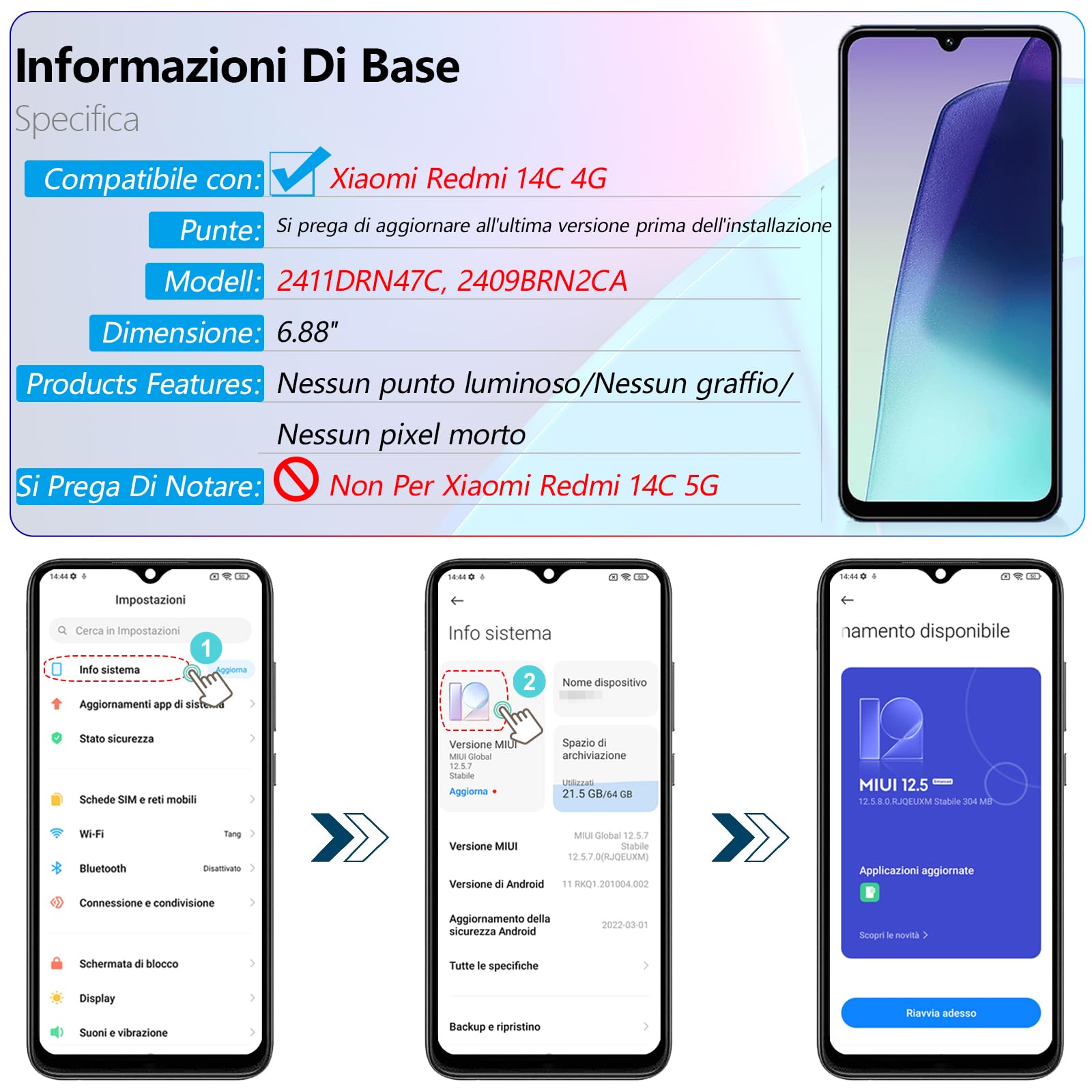 RongZy LCD Display per Xiaomi Redmi 14C 4G Schermo LCD per Redmi 14C 4G Touch Screen Assemblea Sostituzione di Vetro Digitalizzatore con Strumenti(6.88", Nero con Cornice)