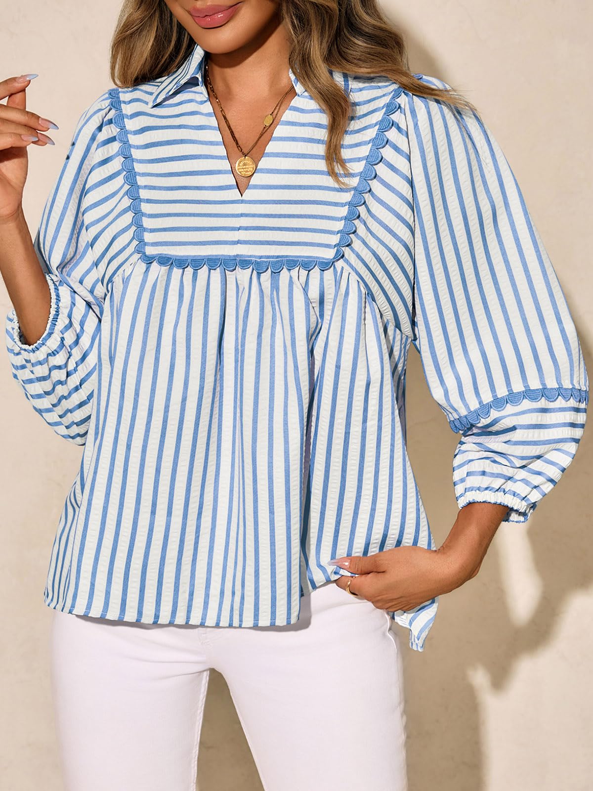 Tankaneo Blusa tipo babydoll a rayas para mujer, de gran tamaño, manga 3/4, péplum, ajuste holgado, plisada, lindas camisas