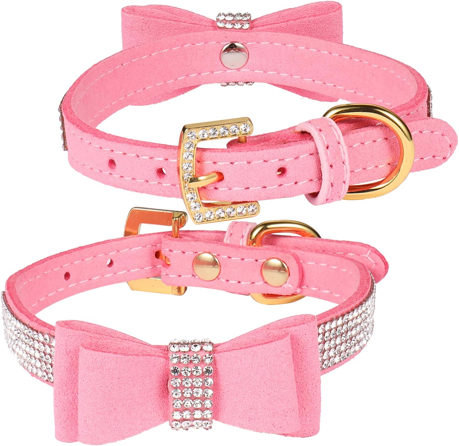 LOVPE Crystal Dog Collar/Cat Collar Velvet Leather with Bow-Knot Tie Rhinestone Puppy/Kitten Collars for Small Dogs & Cats (S(Neck for:10-13 Inch), Pink)