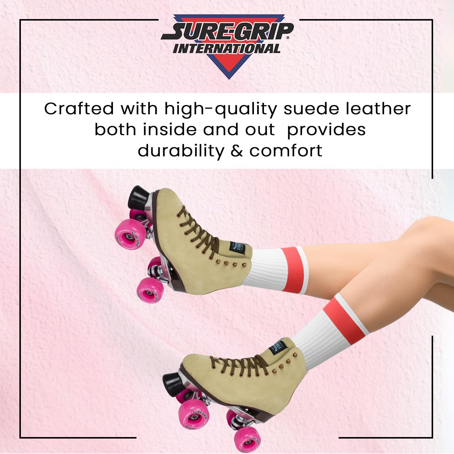 Sure-Grip 1300 Tan Suede Outdoor Roller Skates - Retro Boots with Durable Suede Leather & Polyurethane Aerobic 85A Pink Wheels - ABEC 3 Bearings & Super X Aluminum Plate - Suitable for Men & Women