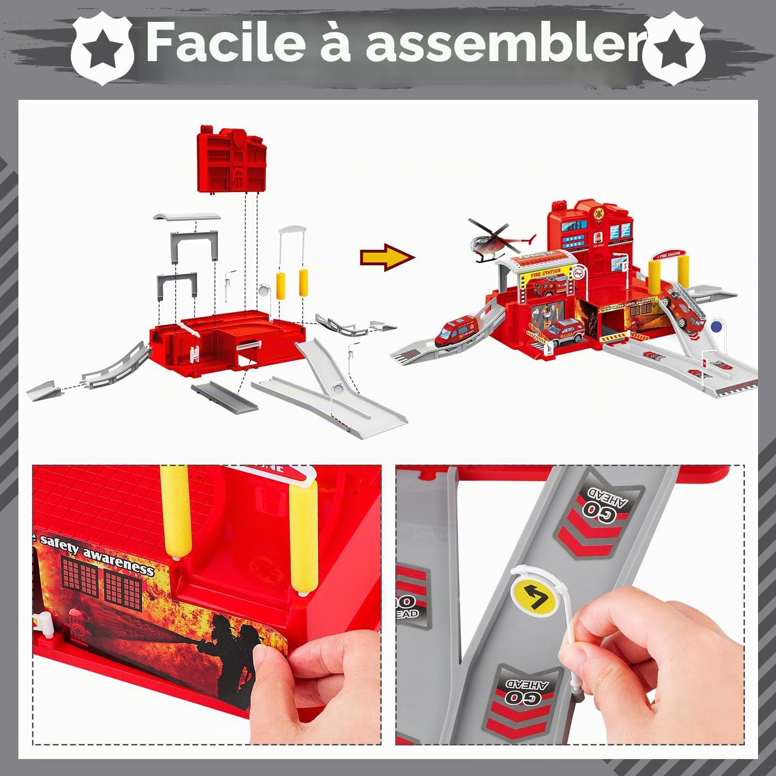deAO Poste de Pompiers avec Camion de Pompiers, Hélicoptère, Construction d'un Bureau de Pompiers, Ensemble de Base Pompier pour Enfants avec Carte pour Garçons et Filles à partir de 4 5 6 7 Ans