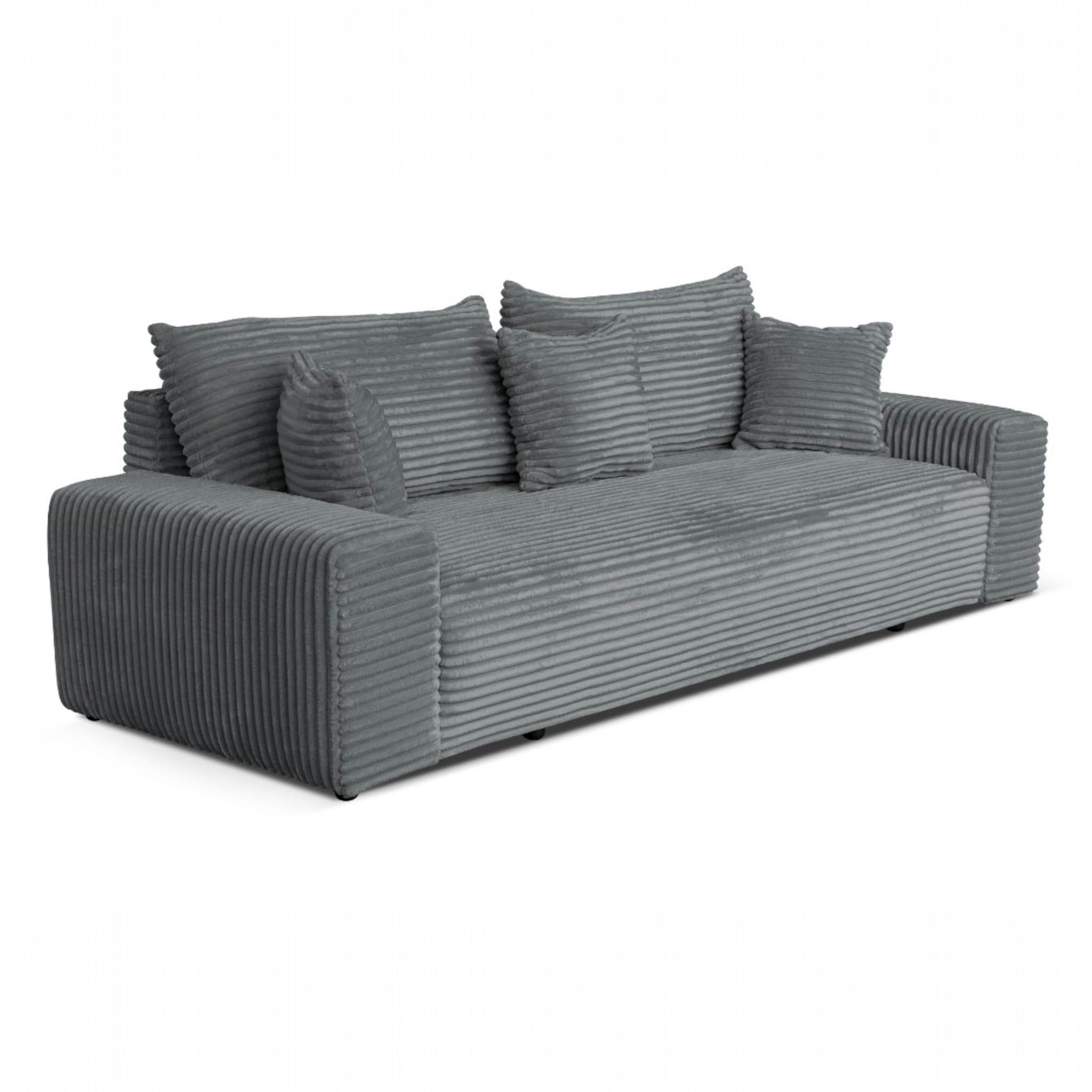 Cordo Schlafsofa 265×150 cm mit Bettkasten – Cord Sofa TILIA Breitcord, SoftTouch Komfort, 3-Sitzer Couch, abnehmbare Kissen, Easy Clean & Pet Friendly (Grau)