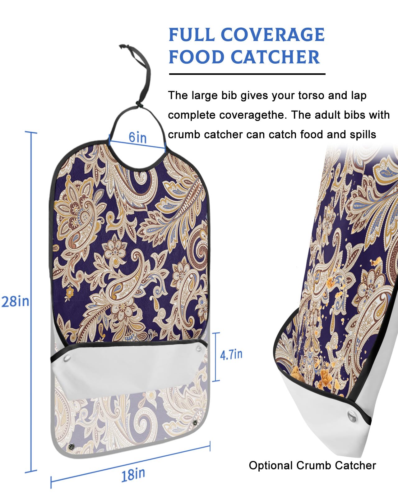 Kewadony Adult Bibs for Elderly Women - Luxurious Boho Florals Waterproof Dining Clothing Protectors with Crumb Catcher for Eating/Feeding, Vintage Flowers Terry Cloth Bib Machine Washable