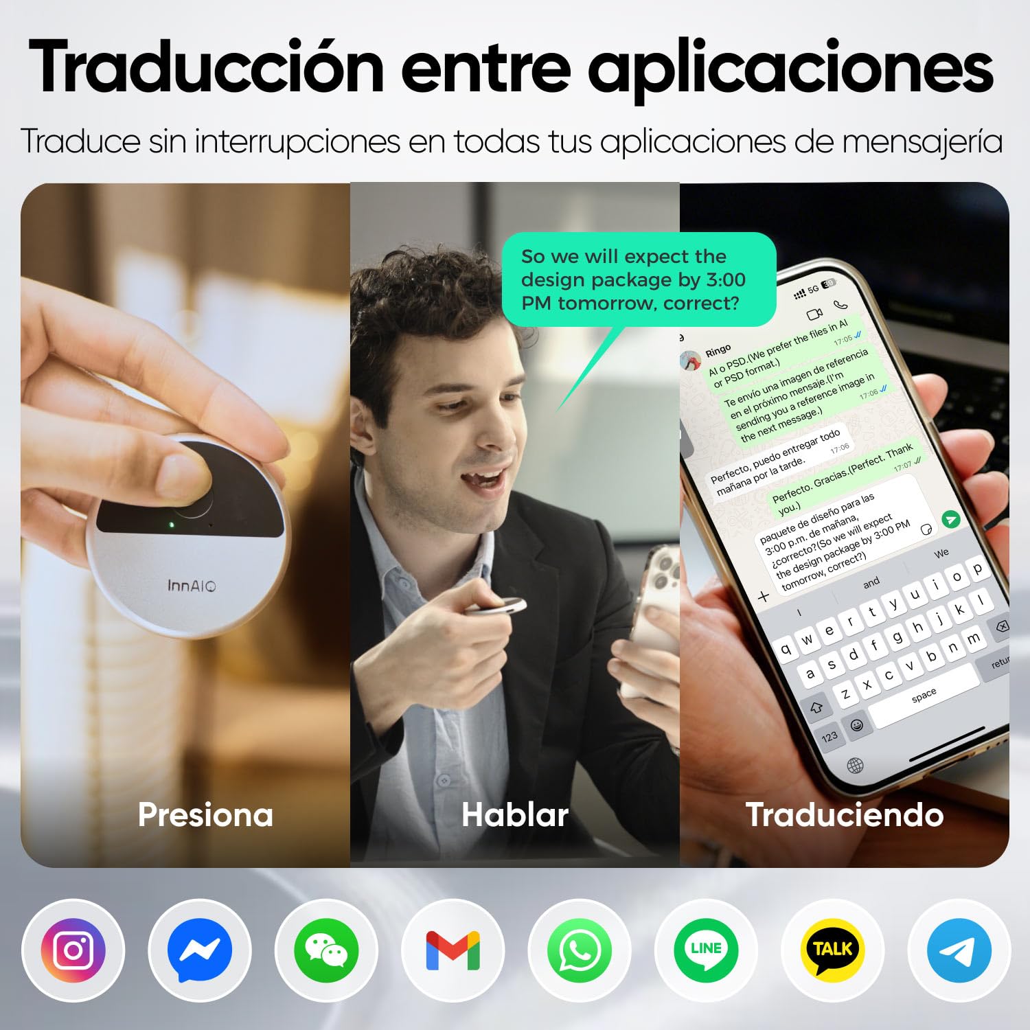 Traductor Instantáneo de Voz AI con Clonación de Voz, Traductor de Idiomas Portátil con Traducción en Tiempo Real, Funciona en Apps, Llamadas y Videollamadas, 140+ Idiomas para Viajes y Negocios