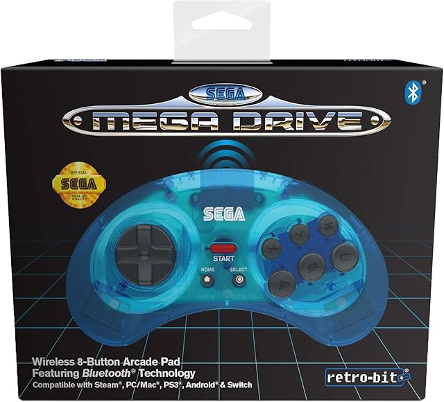 Retro-Bit Official SEGA Mega Drive Wireless Bluetooth Controller 8-Button Arcade Pad for PC, Switch, Mac, Steam, RetroPie, Raspberry Pi - Clear Blue