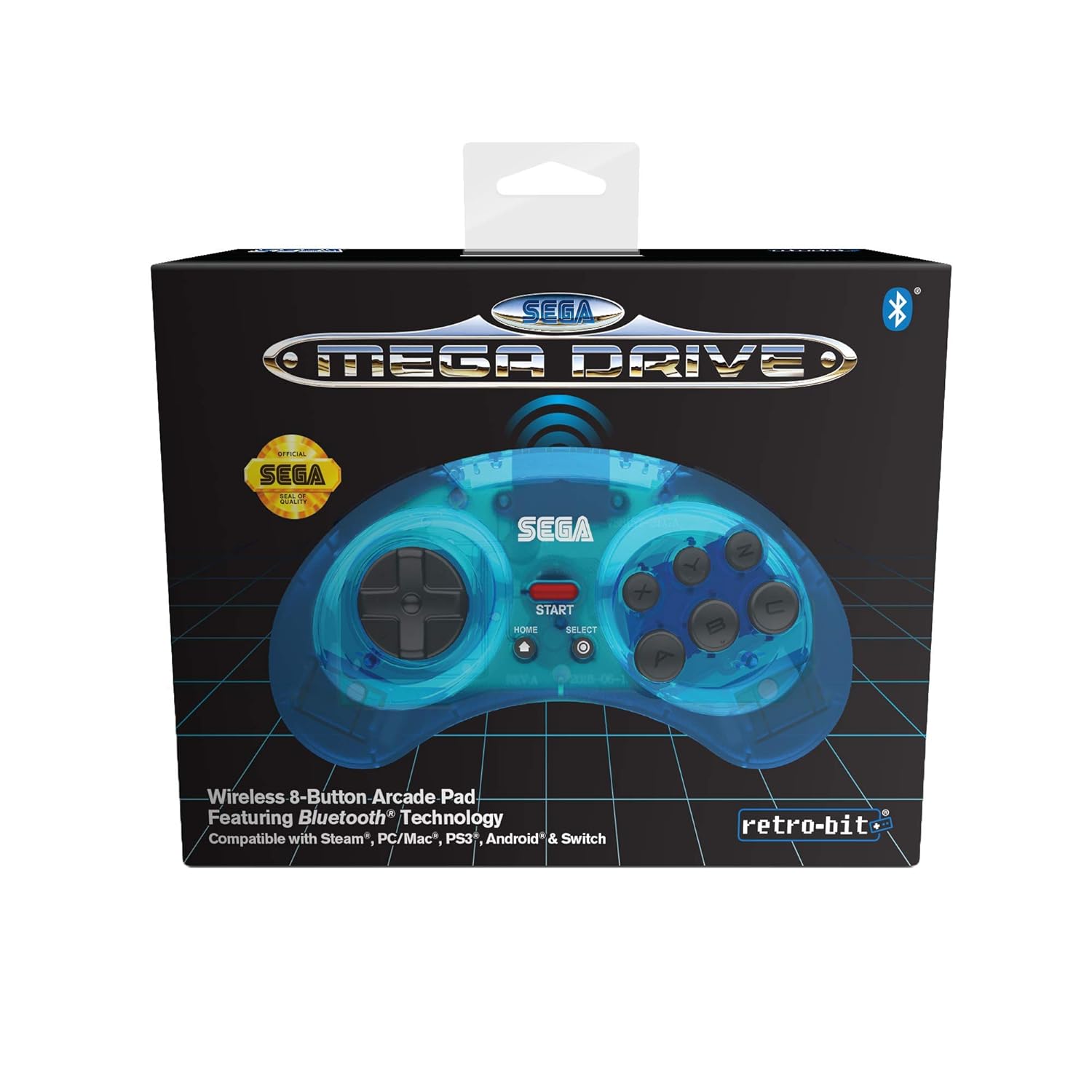 Retro-Bit Official SEGA Mega Drive Wireless Bluetooth Controller 8-Button Arcade Pad for PC, Switch, Mac, Steam, RetroPie, Raspberry Pi - Clear Blue