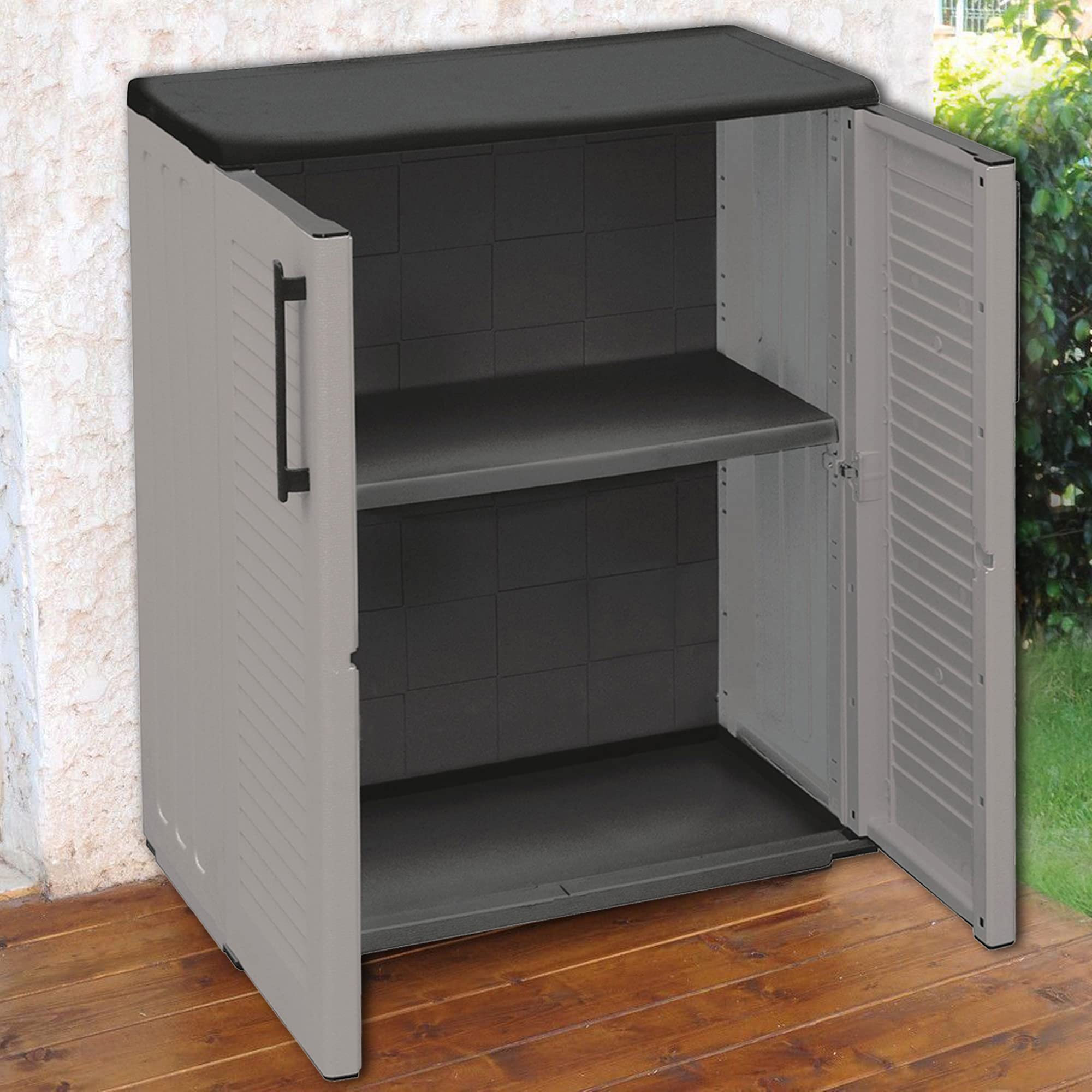Uniwersalna szafa na zewnątrz lub wewnątrz, niska szafa na ubrania z 2 drzwiami i 1 regałem z polipropylenu, 100% Made in Italy, 68 x 37 wys. 84 cm, kolor szary