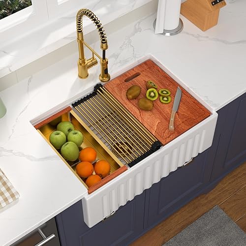 Vista 102 de Fregadero de 33 unidades de arcilla refractaria de 33 x 20 x 10 pulgadas, color blanco, fregadero de cocina de porcelana de cerámica, estilo casa