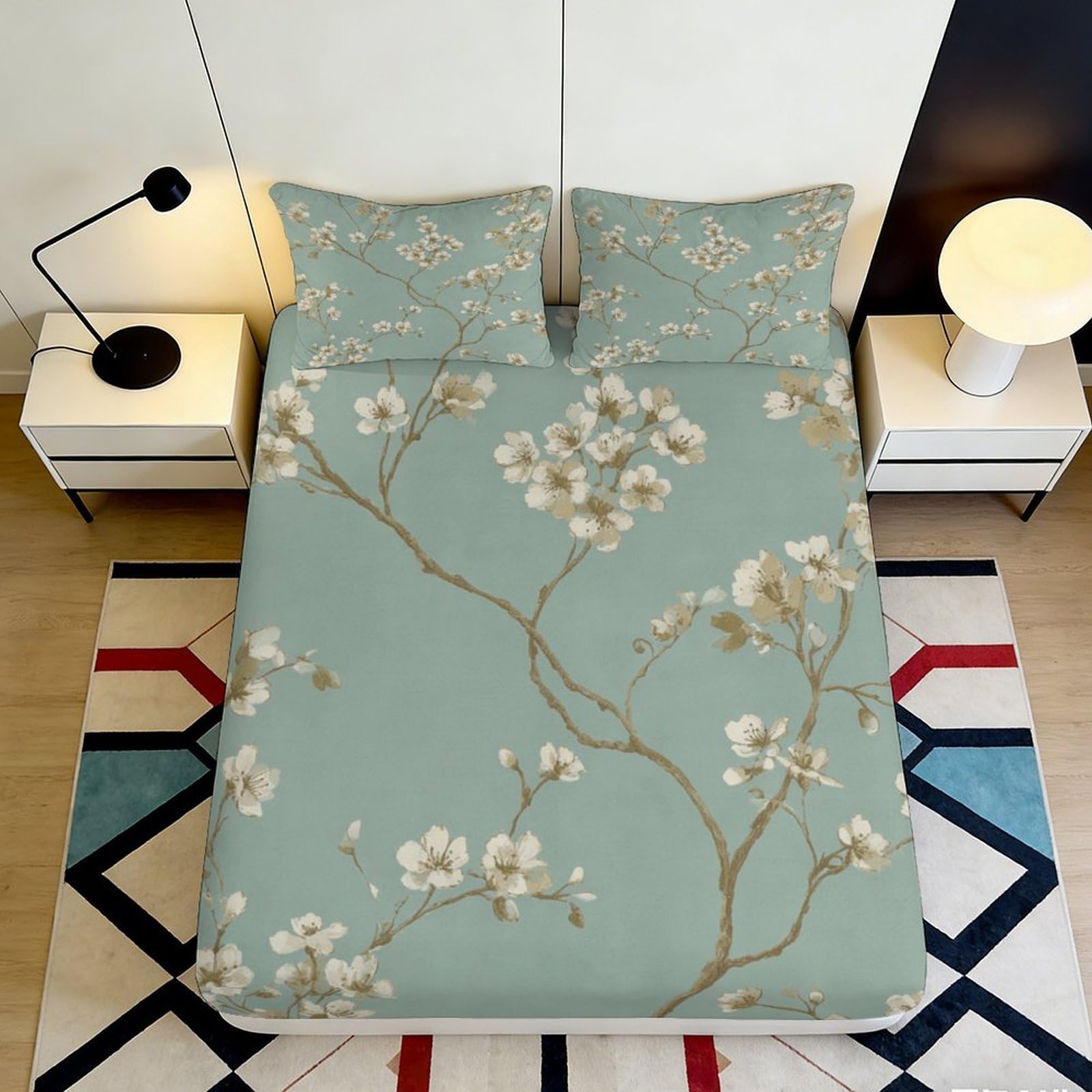 3D Printed Cherry Blossom Fitted Sheet Microfiber Soft Breathable Floral Branch Bed Cover for Bedroom Dormitory Guest Room Mattress Protection Decor 180x200x25cm