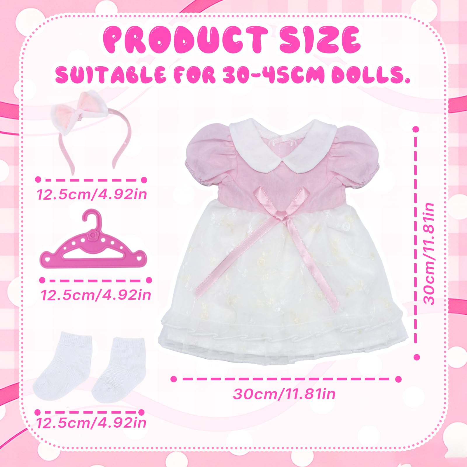 Ubranie dla lalek dla lalek 35-43 cm, różowe ubranie dla lalek, urocza i urocza sukienka dla lalek, różowa spódnica gazowa, opaska na czoło z kokardką, skarpety, wieszak na ubrania