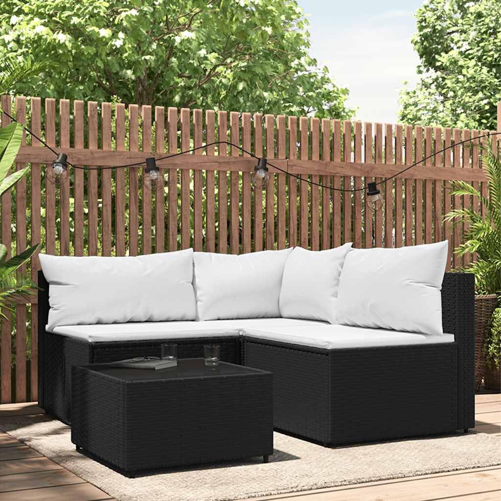 4 Piece Patio Lounge Set with Cushions, Black PE Rattan and Powder-Coated Steel Frame with Tempered Glass Table, Modular Outdoor Furniture Set for Garden and Patio Relaxation