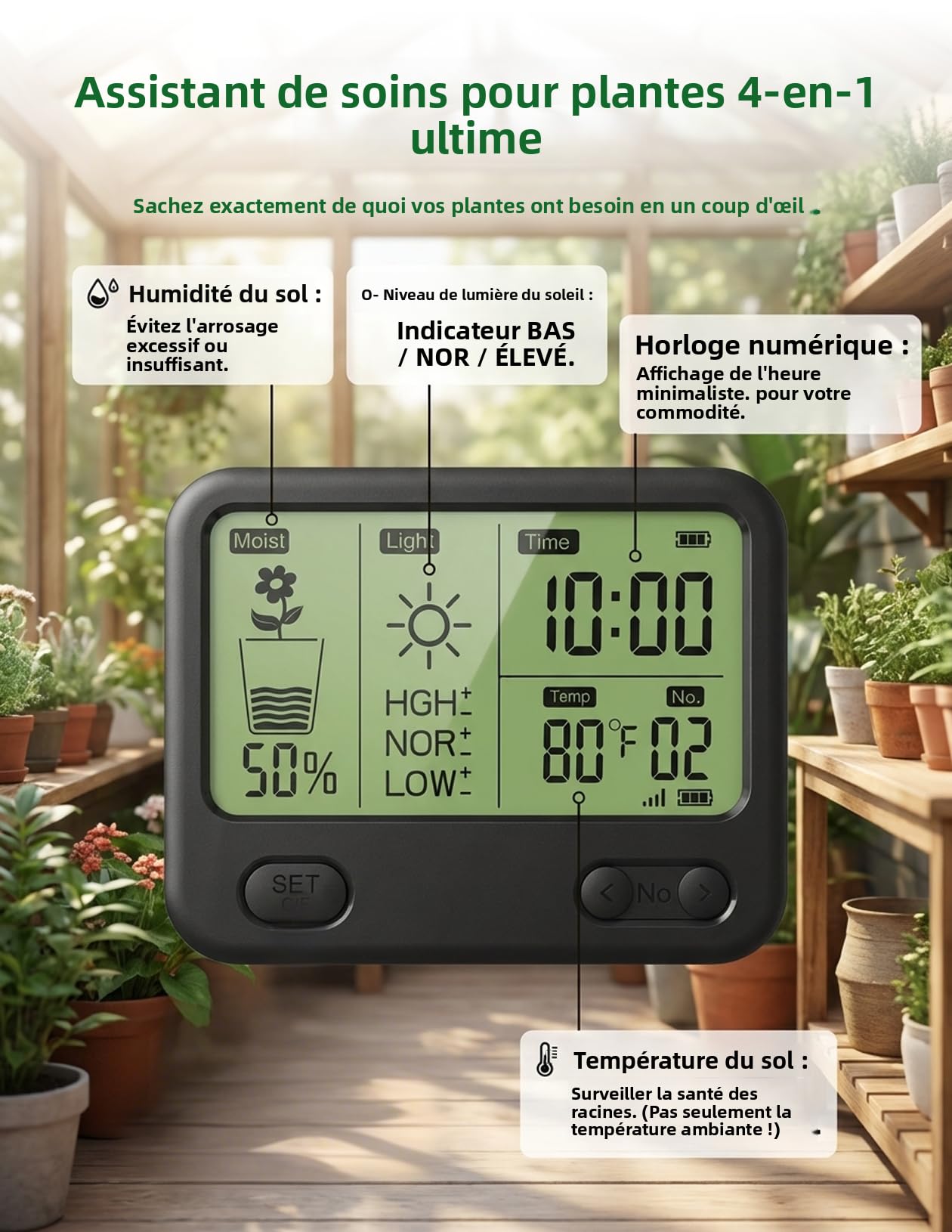 Boden Feuchtigkeitsmesser für Pflanzen,Gartenboden Temperatur/Feuchtigkeit/Sonnenlicht/Zeit /4-in-1 Feuchtigkeitsmessgerät Pflanzen für Gartenarbeit,Rasen (1 Monitor + 4 Sensoren)