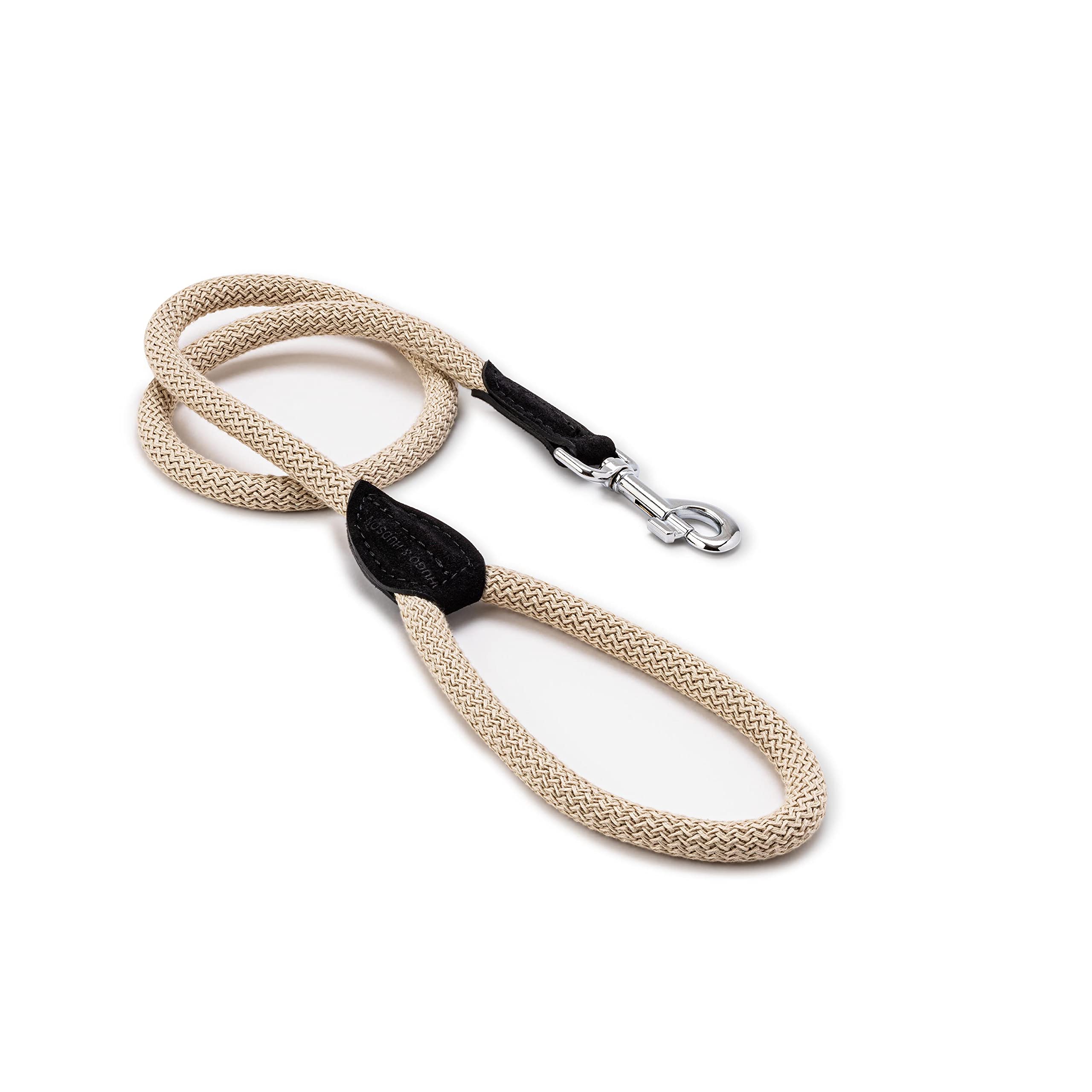 HUGO & HUDSON Luxury Dog Lead Round Rope & Leather Leash with Brass Fittings, Black Length 120cm