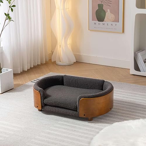 FRITHJILL Sofá cama elevado para mascotas con patas de madera maciza, respaldo de madera doblada y cojín de cachemira, muebles de lujo para mascotas