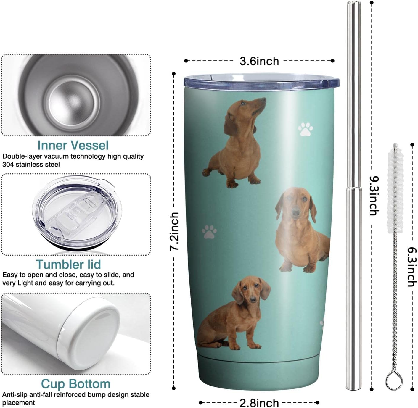 Dachshund Dog Tumbler Stainless Steel Insulated Travel Coffee Cups with Lid and Straw,Ideal Memorial Gift for Dog Dad/Mom,20oz - Image 4