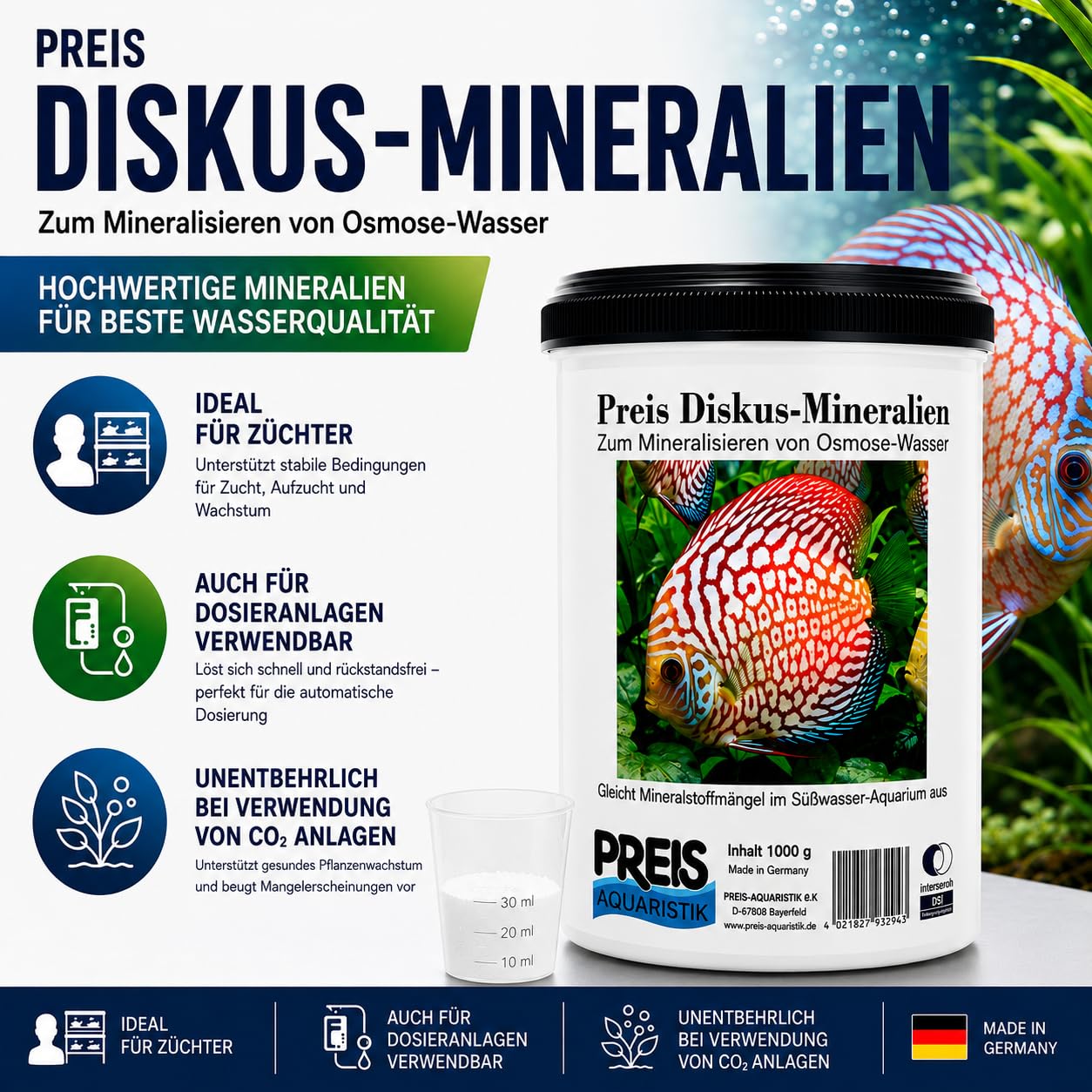Smart-Planet by Preis Aquaristik - Minerales originales Diskus para agua de mar y agua dulce acuario 1000 g - para peces de discoteca
