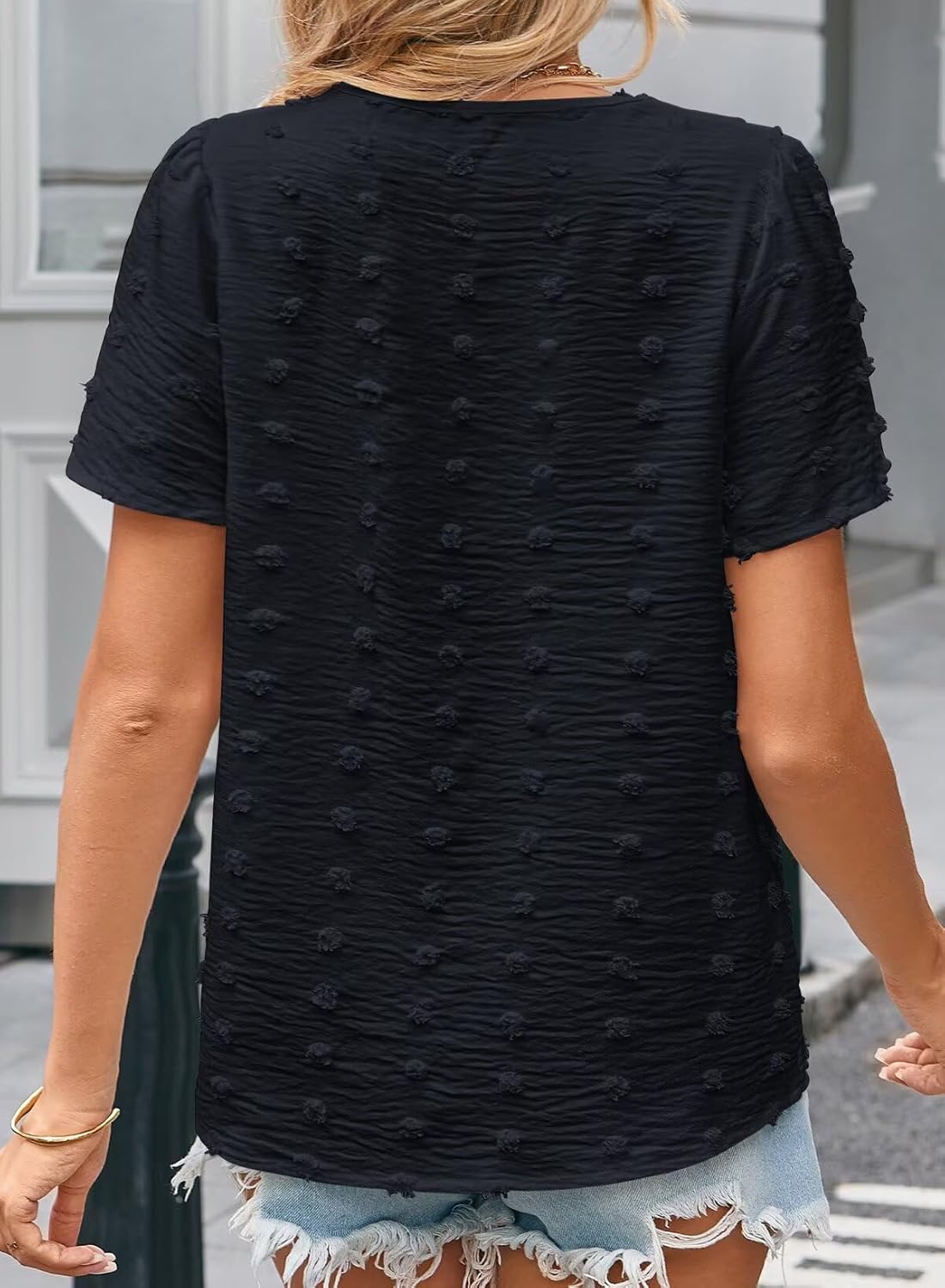 Summer Tops For Women 2026 Boho Swiss Dot Blouses Short Sleeve Shirts Flowy V Neck Casual Peasant Lace Hem Clothing - Image 3