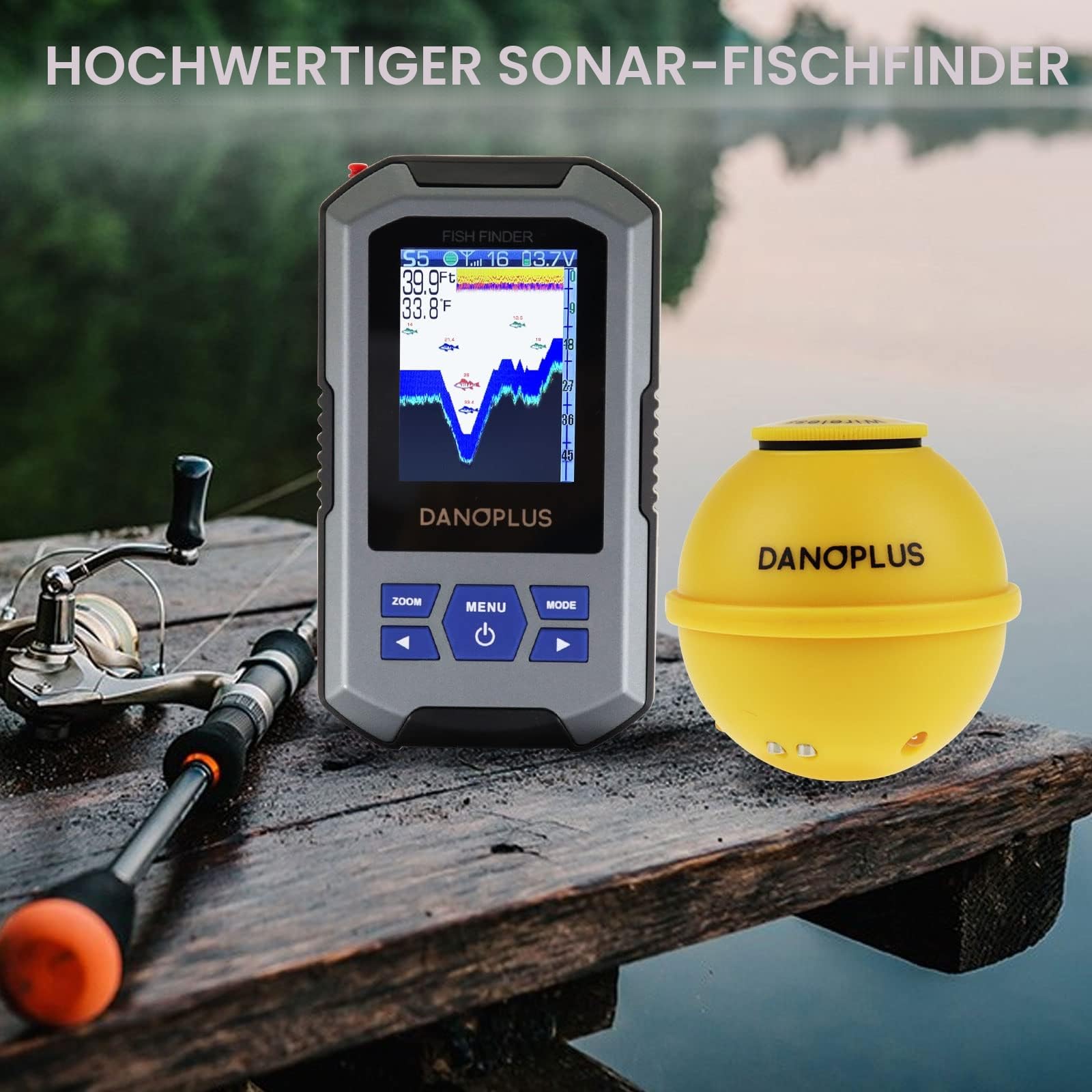 Kabelloser Fischfinder Tragbarer Fischfinder Sonar-Sensor 45 m Tiefenerkennung Wiederaufladbare Tiefenfinder Kajak Angelzubehör für Meeresangeln, Eisfischen, Bootsangeln