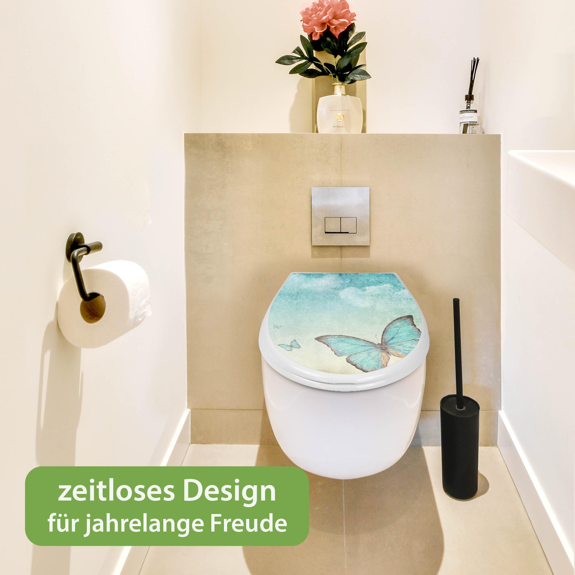 banjado Familien WC Sitz mit Absenkautomatik 44,9x37,1cm - Klobrille mit Kindersitz aus hochwertigem Polypropylen - Toilettendeckel mit Kinder Toilettensitz integriert - Motiv Blaue Schmetterlinge