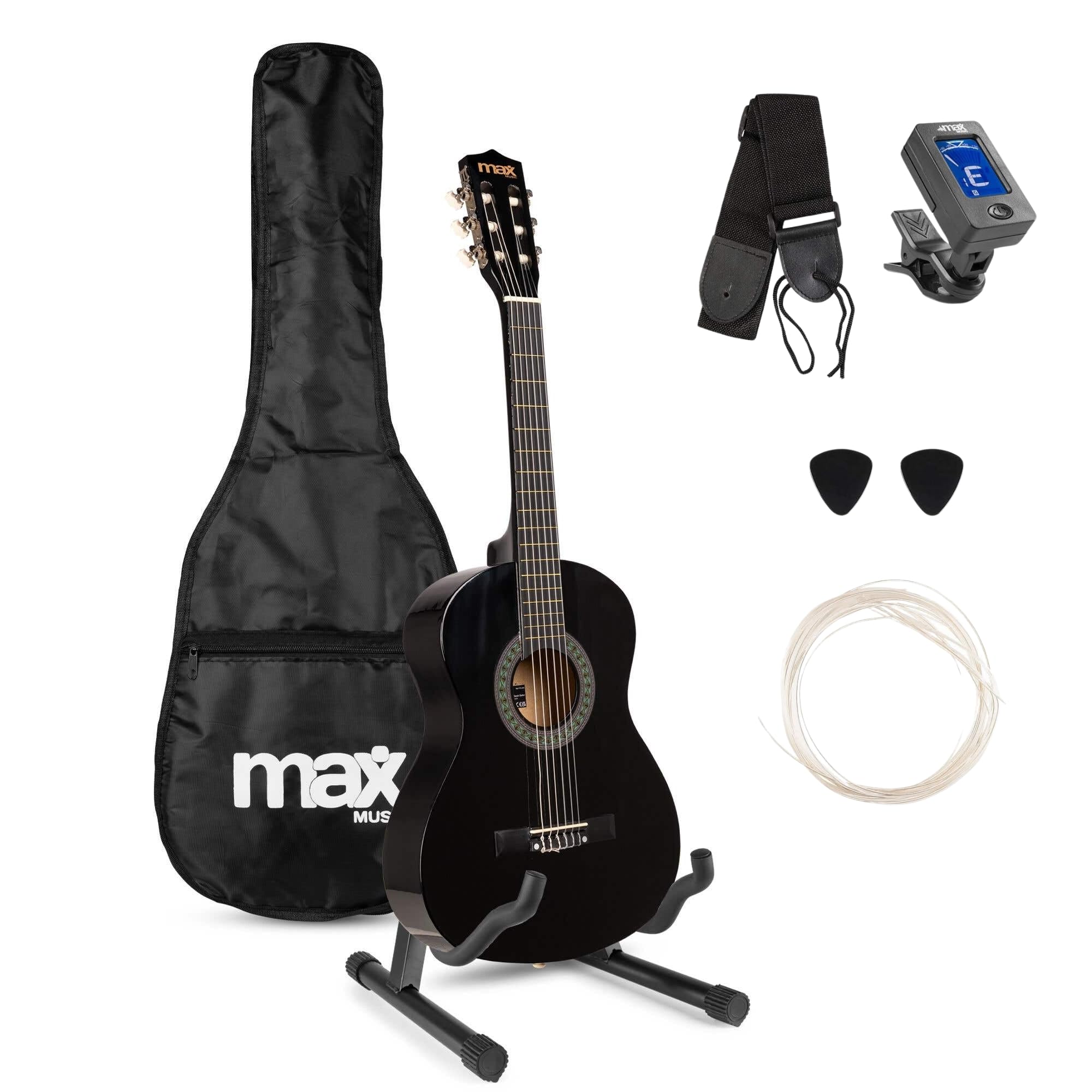 MAX SoloArt - Gitarre 3/4 Kindergitarre ab 6 Jahre, Junior Akustik Gitarre inkl. Gitarrenständer, Tasche, Plektrum, Gurt und Saiten-Zubehör, 3/4 Guitar Kinder ab 6 Jahren in Schwarz