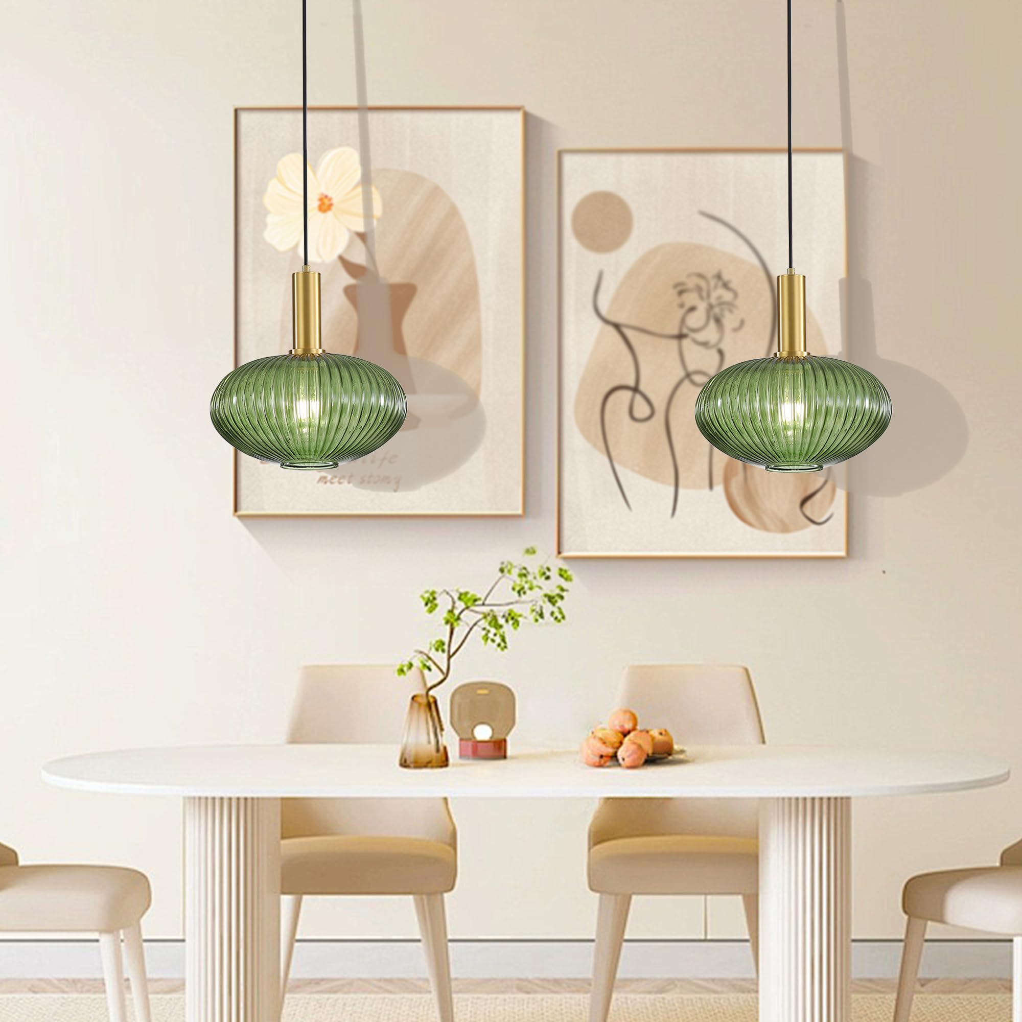 Condition photo showing New/Like New for (2)modern pendant light fixtures for kitchen island, farmhouse striped glass pendant lighting with gold socket, stylish ceiling light for dining room and living room (11.81'', green)