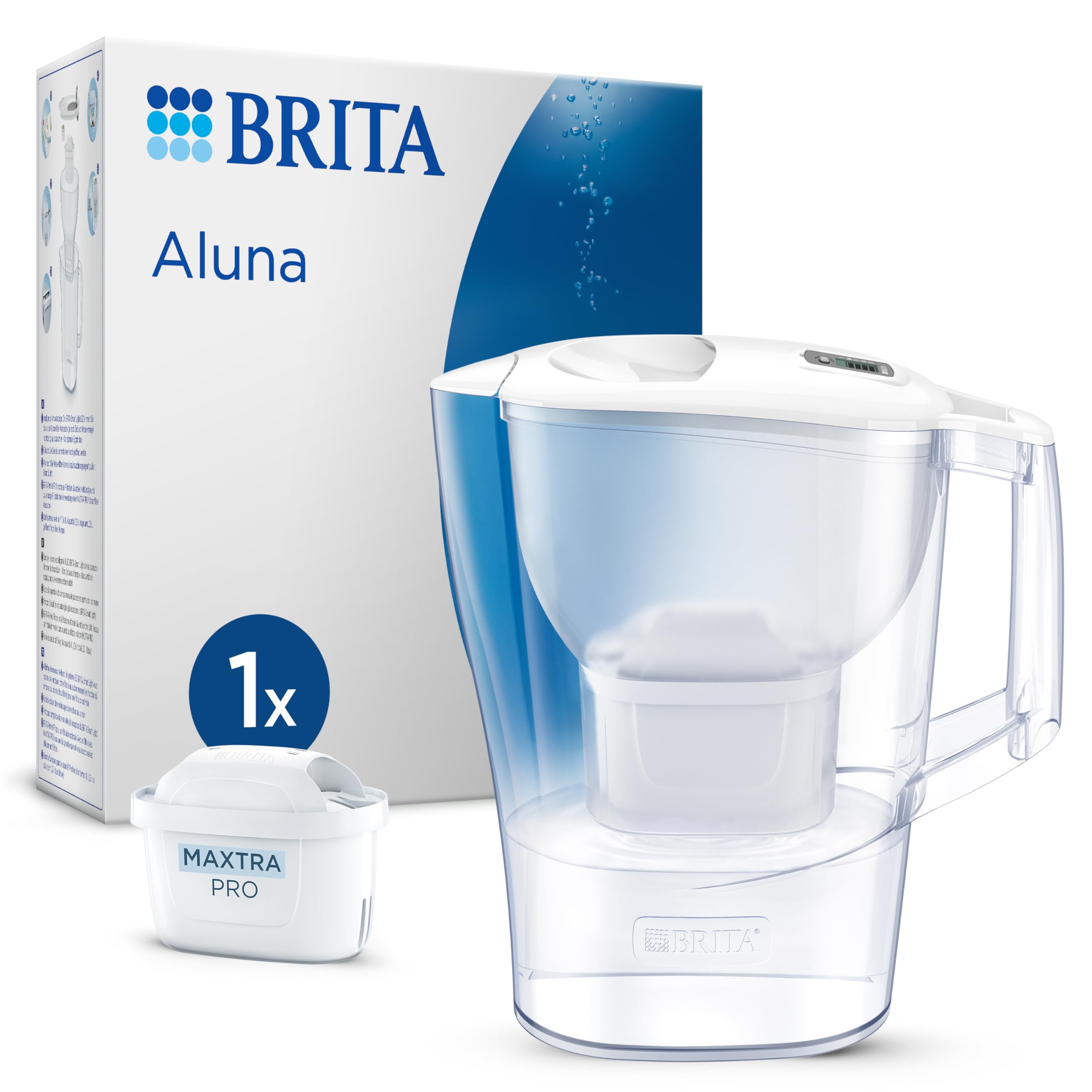 BRITA Wasserfilter-Kanne Aluna weiß (2,4l) inkl. 1x MAXTRA PRO Pure Performance Wasserfilterkartusche – Kühlschrankgeeignete Filterkanne mit BRITA Memo filtert Verunreinigungen