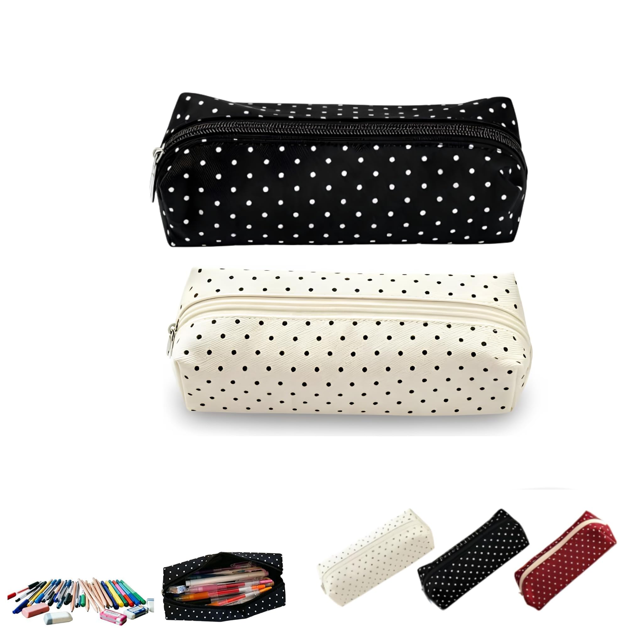 Polka Dot Pencil Case Large Capacity Vintage Aesthetic Pen Pouch (A+B)