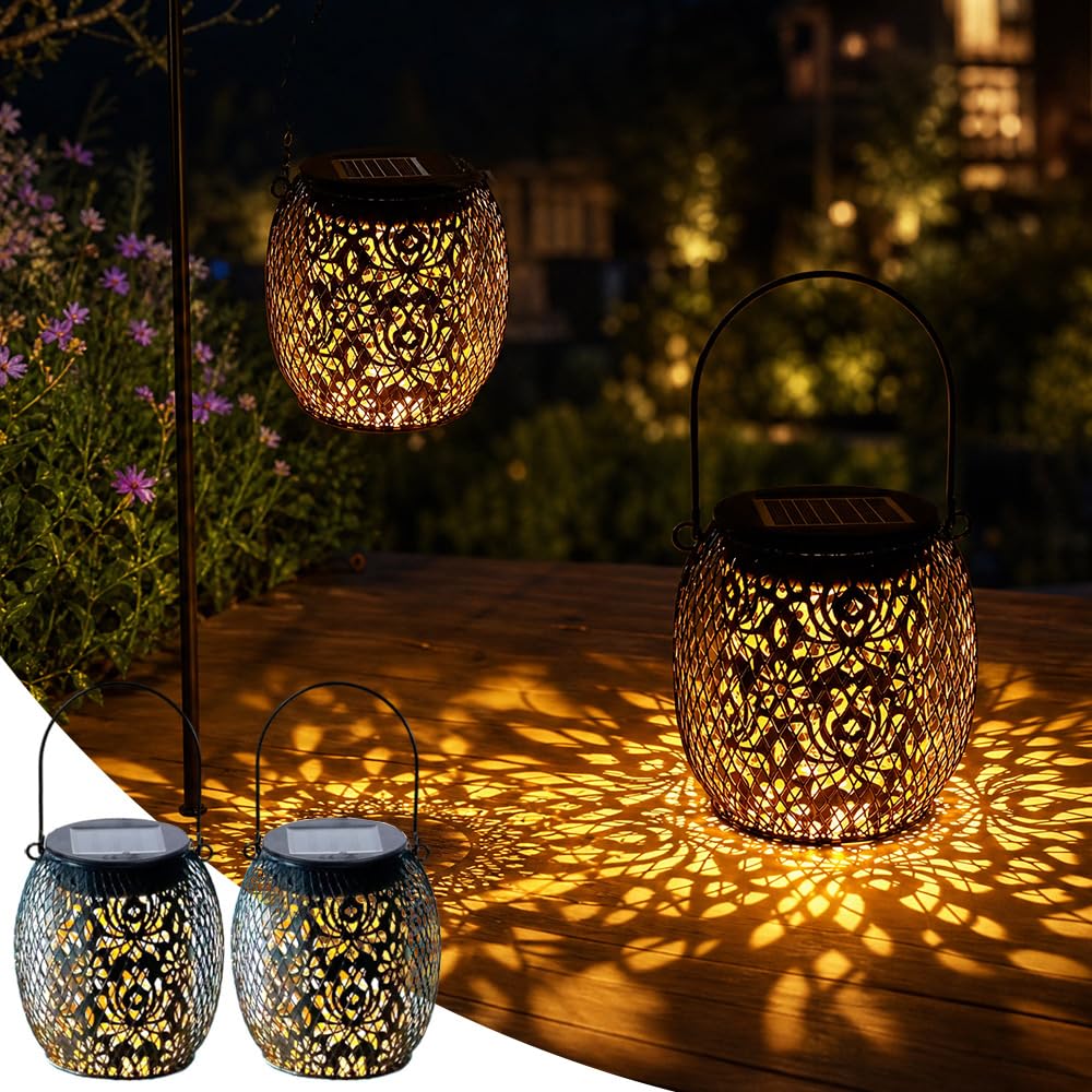 Yofhpt Black 2 Pcs Metal Hanging Solar Lantern, Metal Garden Lanterns Solar Powered, Waterproof Outdoor So-Lar Lanterns, Hanging Sol-Ar Lante-Rns Outdoor Garden For Patio Porch Pathway Balcony