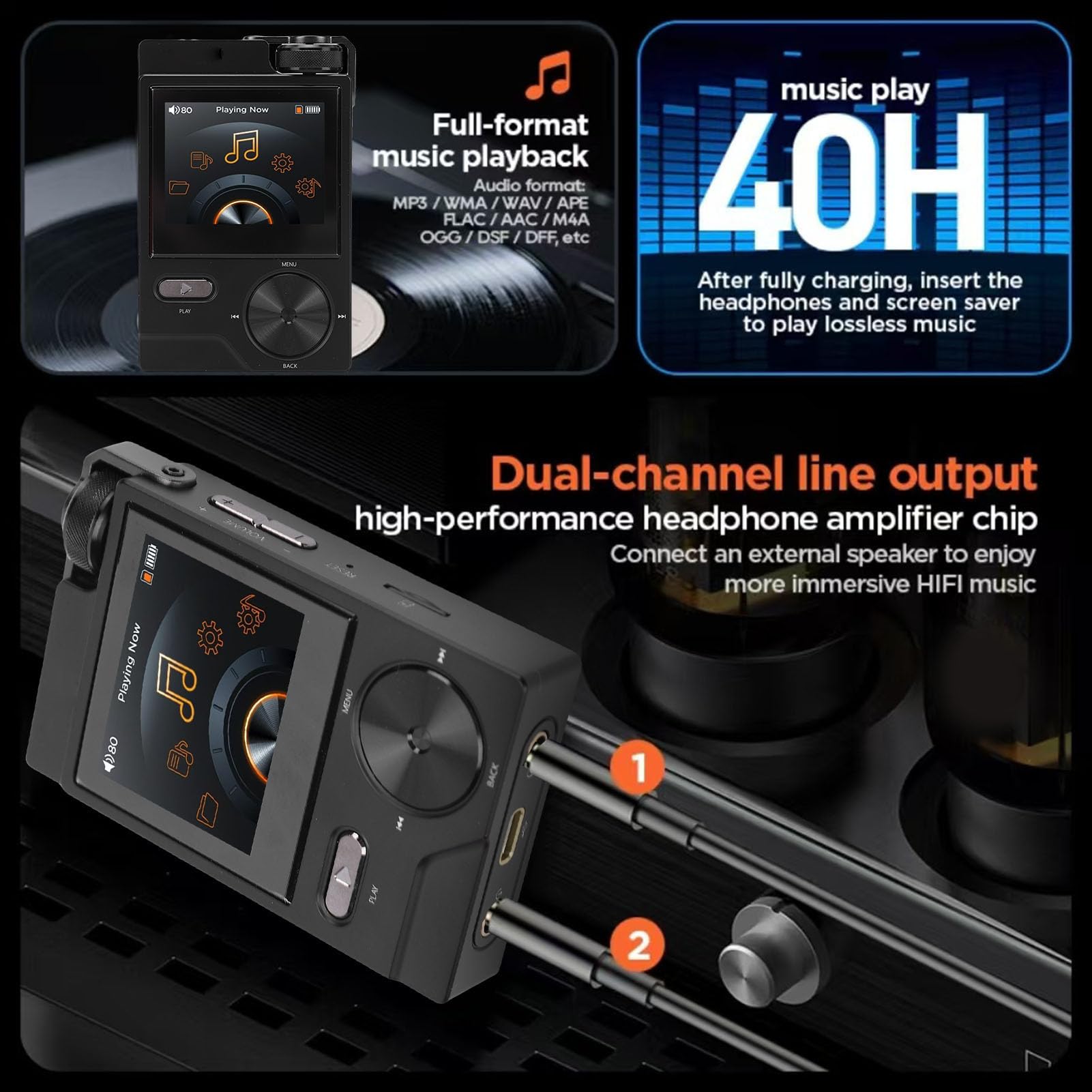 VBESTLIFE HiFi-MP3-Player, Verlustfreies DSD FLAC, 2-Zoll-LCD-Bildschirm, Hochauflösender Tragbarer Audioplayer mit 64-GB-Speicherkarte, Unterstützt Bis zu 256 GB